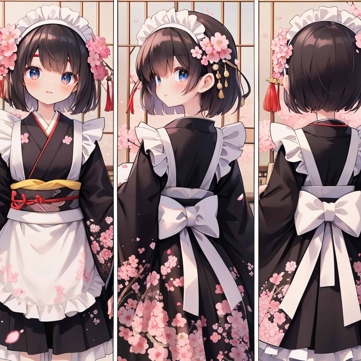 anime girl in maid outfit with flowers in hair and a bow, maid outfit, , (fusion of black housekeeper costume and black kimono with cherry blossom petal embroidery:1.3), (long kimono sleeve:1.3), BREAK (white theme:1.2), (wearing a white half-apron over a kimono:1.3), ((white brim, maid headband) with ruffles:1.3), BREAK (Japanese clogs geta:1.2),anime girl in a maid costume, maid dress, cute anime waifu in a nice dress, gorgeous maid, pixiv, wearing maid uniform, maid, anime cat girl in a maid costume, in dress, anime girl wearing a black dress, a maid in a magical forest