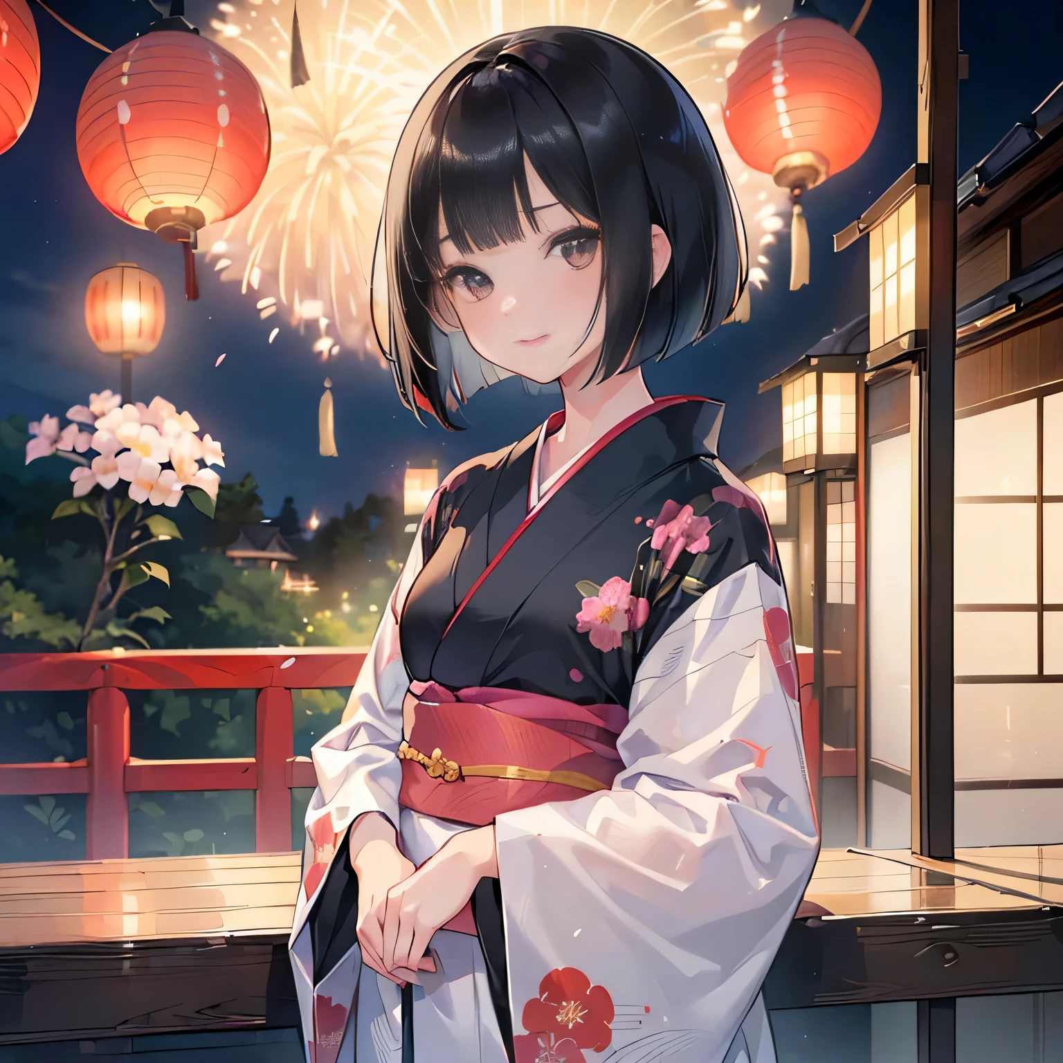 ((sexy cute mini kimono and elegant beautiful white laced panties)),
♥(Japanese beautiful flower printed kimono,yukata),((1girl,cute,young,semi long beautiful black hair,blunt bangs,twin tales,beautiful eyes)),(solo),((masterpiece, highest resolution,best quality)), (beautiful illustration),(Japanese beautiful flower printed kimono,yukata),
 (looking at the viewer), innocent smile,cinematic lighting,Japanese Festival,stall,fireworks,night sky,full moon,shooting star,
