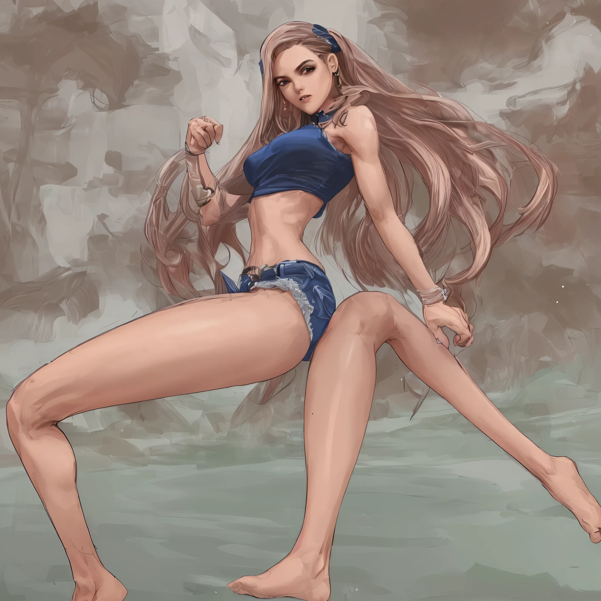 Mulher jovem, cabelo curto, pernas grossa, cintura fina queixo pequeno, nariz pequeno, vamos escuros