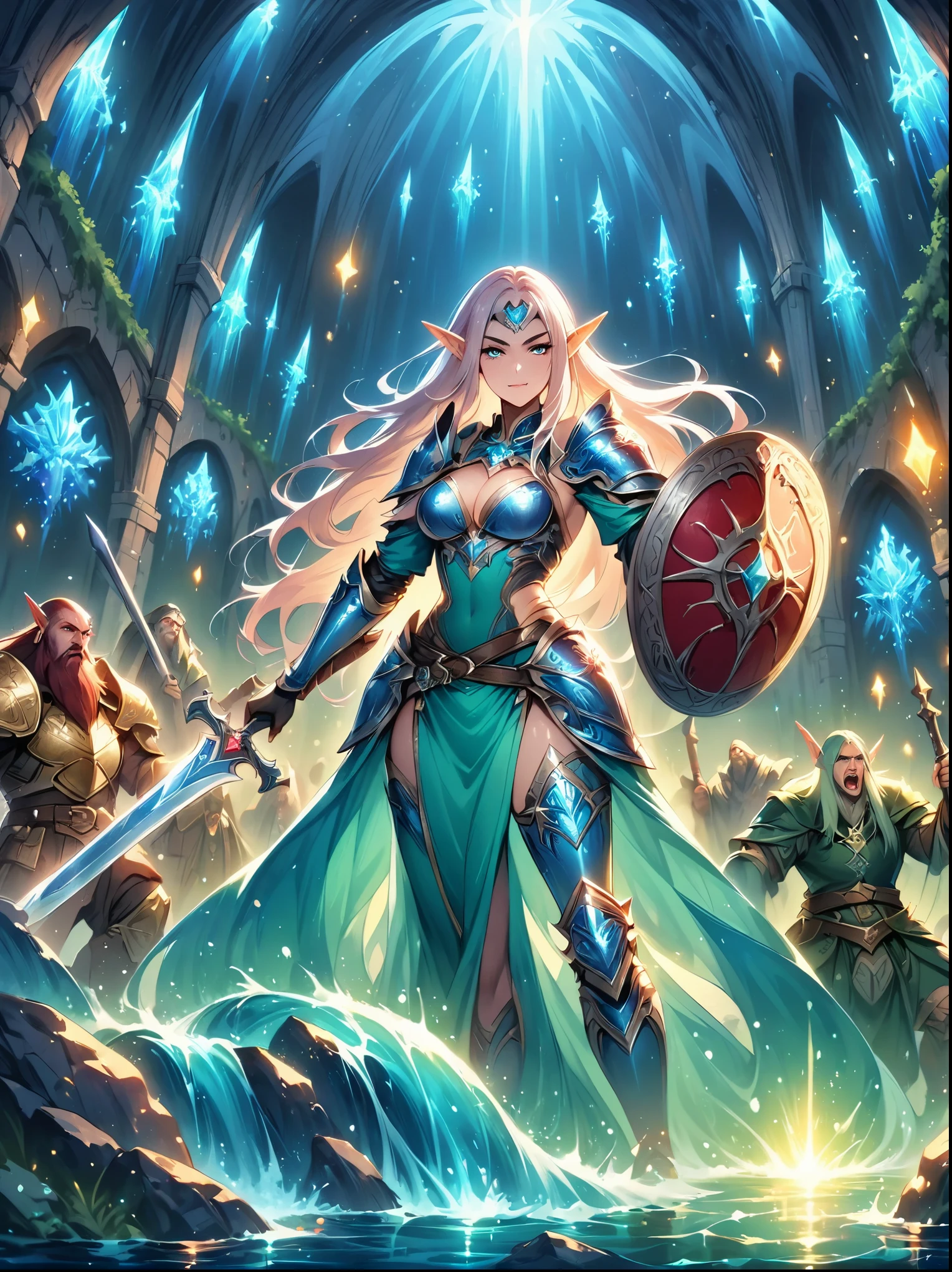 (((Dungeons and Dragons)))，A sparkling dragon&#39;s underground lair，There is an elf in armor and weapons guarding a room full of treasure，装满金币和​​gem的箱子，Pool of water and minerals，Wizards orcs and trolls on patrol，(Shiny armor，shining sword，shiny ax），magic spell book，reel，burning torch，Mysterious runes，rock wall，crystal，gem，Detailed elf，Complex armor，sharp eyes，charming face，pointed ears，silver long hair，draw sword，shield ready，Determined to focus，dungeon lighting，cave，High fantasy