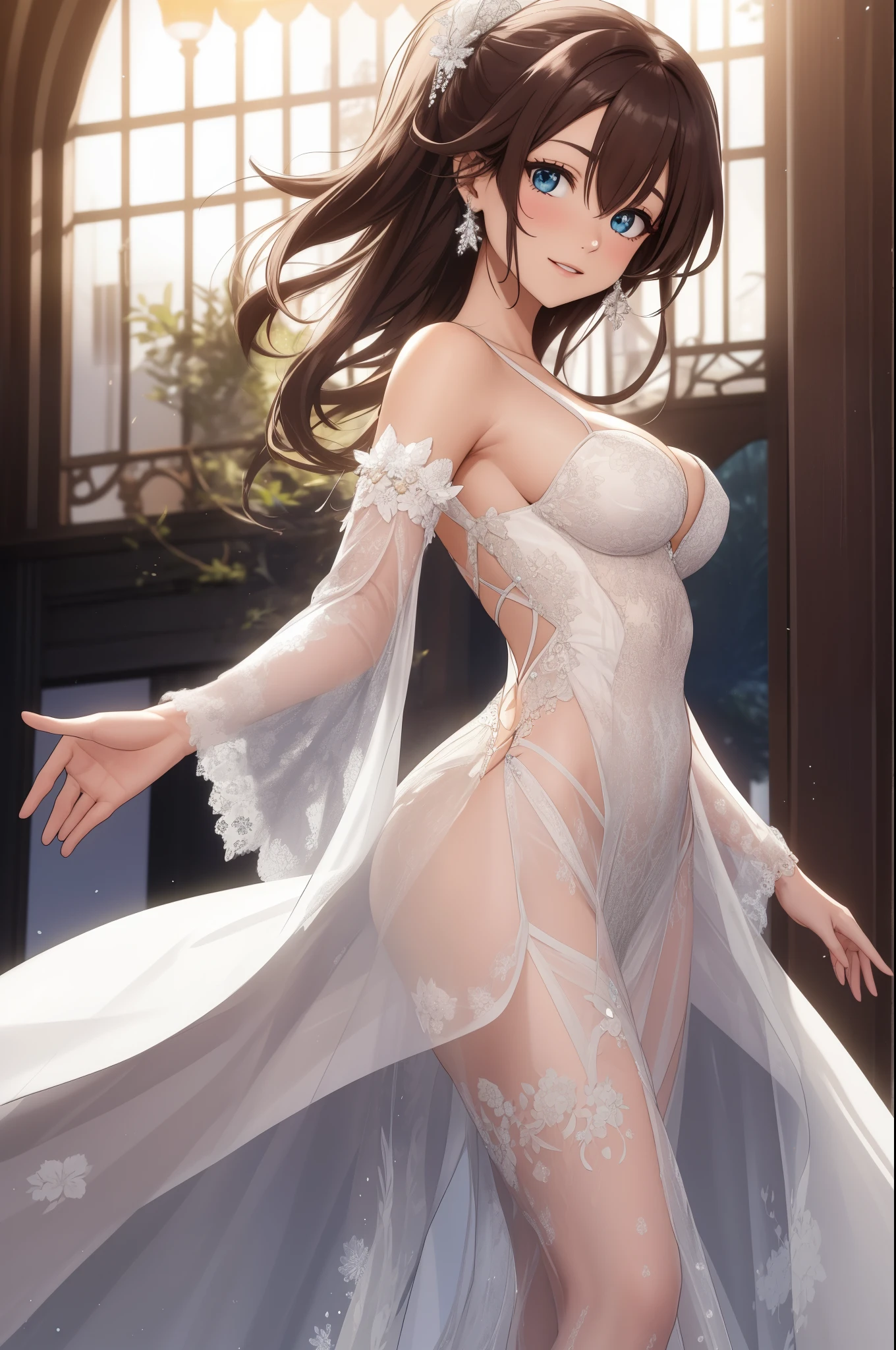 Kousaka honoka,wearing a luxurious dress, exquisitely designed with intricate patterns of light pink lace adorning your body. The dress features a captivating silhouette with sheer sleeves delicately draping over your arms.
Your lustrous sun-kissed hair intertwines in an eye-catching hairstyle, elegantly wrapped back with some strands cascading freely over your shoulders, adding an unmatched elegance to your look.
Standing in an upscale setting, your appearance is complemented by your enchanting facial expressions. Your eyes sparkle with happiness and confidence, while your soft smile reflects an unparalleled charm. Your elegant and poised pose highlights your beauty and femininity with grace and sophistication befitting the upscale location you inhabit.
This vision embodies the epitome of elegance in all its forms, showcasing natural beauty in its finest form.