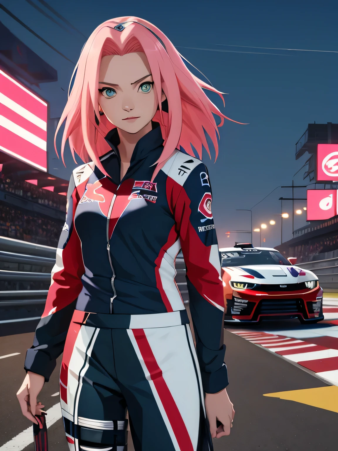 tmasterpiece， Best quality at best， 1girll， Sakura Haruno，Raised sexy，is shy，ssmile，with pink hair， long whitr hair， （Green eyeballs:1.4), Pole Position, standing in front car, anime style, bright colors, dynamic lighting, shiny finish, attention to detail, wearing full dark blue red bull race driver suit, background dark blue zl1 camaro,  exciting atmosphere, vivid expressions