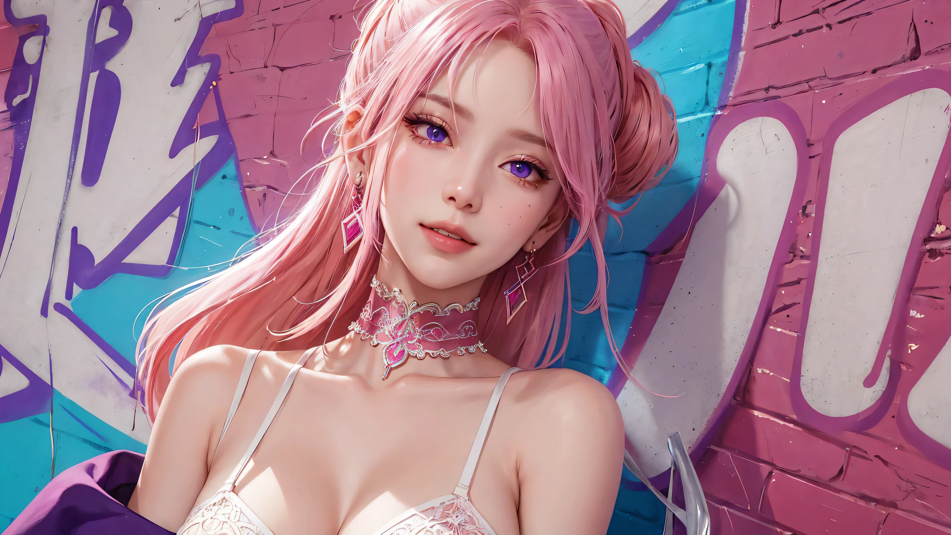 (masterpiece, best quality, 1girl, solo, intricate details, chromatic aberration), realistic, ((medium breath)),long hair, pink hair, red head ornament, pink highlights, hair over one eye,purple eyes, earrings, sharp eyes, choker, neon shirt, She wears a collar, bangles, and a kimono-style garter belt., crop top, (symmetry eyes),(perfect symmetrical body),against wall, brick wall, (colorful graffiti words on wall:1.2), dim lighting, alley ,look at viewer、dig breasts、smile、(No sleeve、Navel exposed、fitted turtleneck)、hot pants string street、thin butt、Please generate above the eaves.、thin shoulders、In underwear、