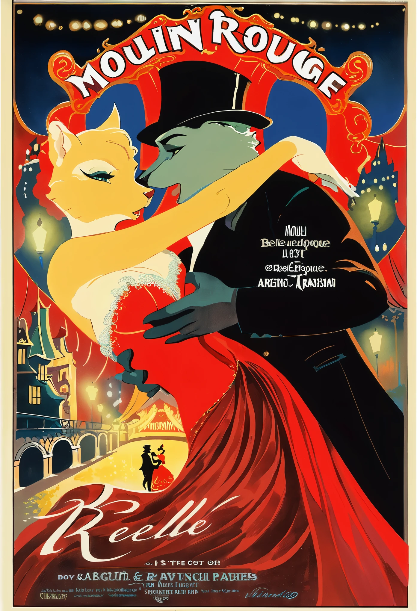 top quality, highres, High-quality illustrations, unparalleled masterpiece, arafed image of a couple in a city street at night, furry, anthro, kemono, moulin rouge, moulin rouge, movie artwork, concept art of love, movie art, movie poster painting, bestselling movie art poster, romance novel cover, martin ansin, inspired by Vincent Lefevre, belle epoque, romanticis, raphaël, cinematic lighting,