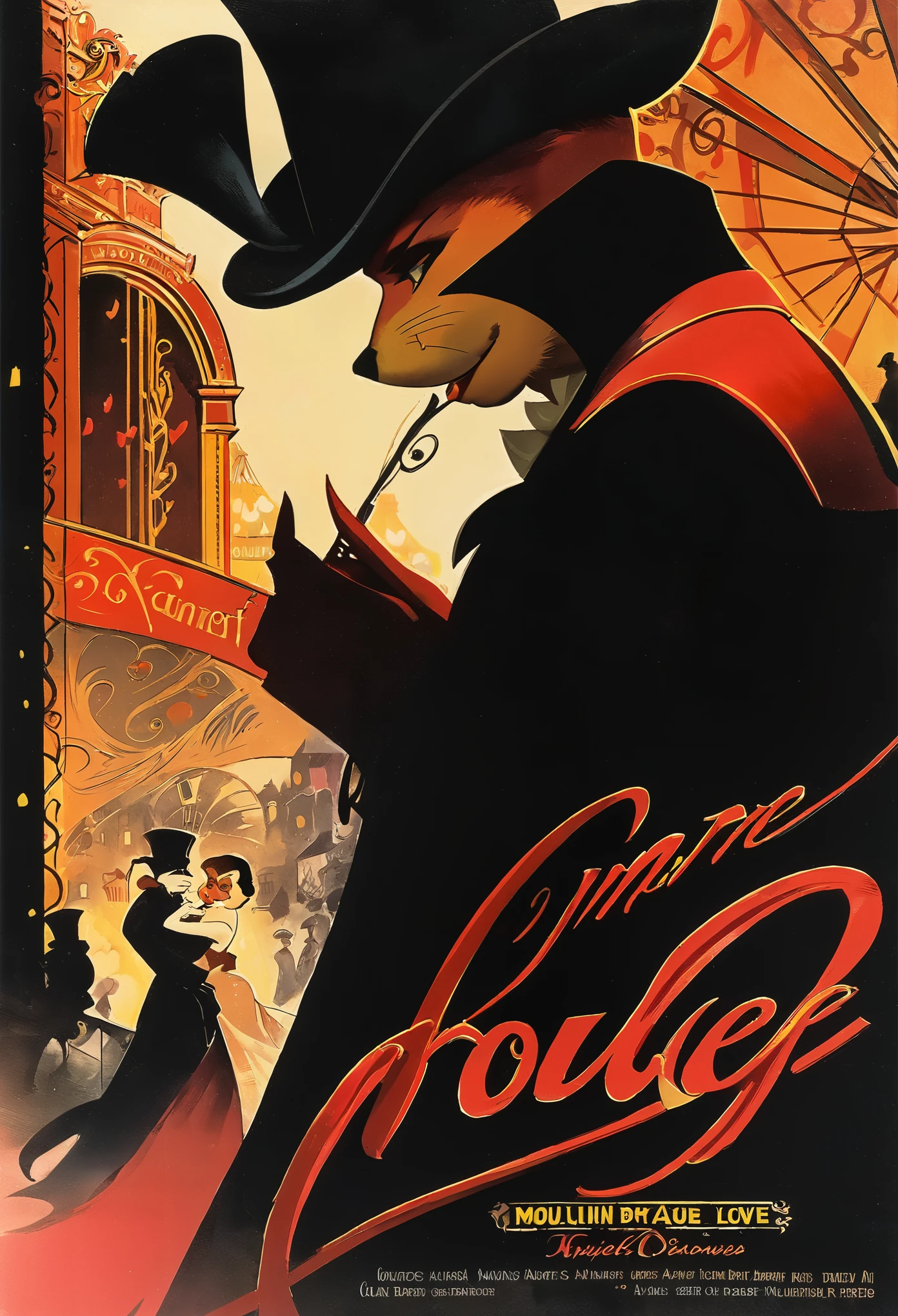 top quality, highres, High-quality illustrations, unparalleled masterpiece, arafed image of a couple in a city street at night, furry, anthro, kemono, moulin rouge, moulin rouge, movie artwork, concept art of love, movie art, movie poster painting, bestselling movie art poster, romance novel cover, martin ansin, inspired by Vincent Lefevre, belle epoque, romanticis, raphaël, cinematic lighting,