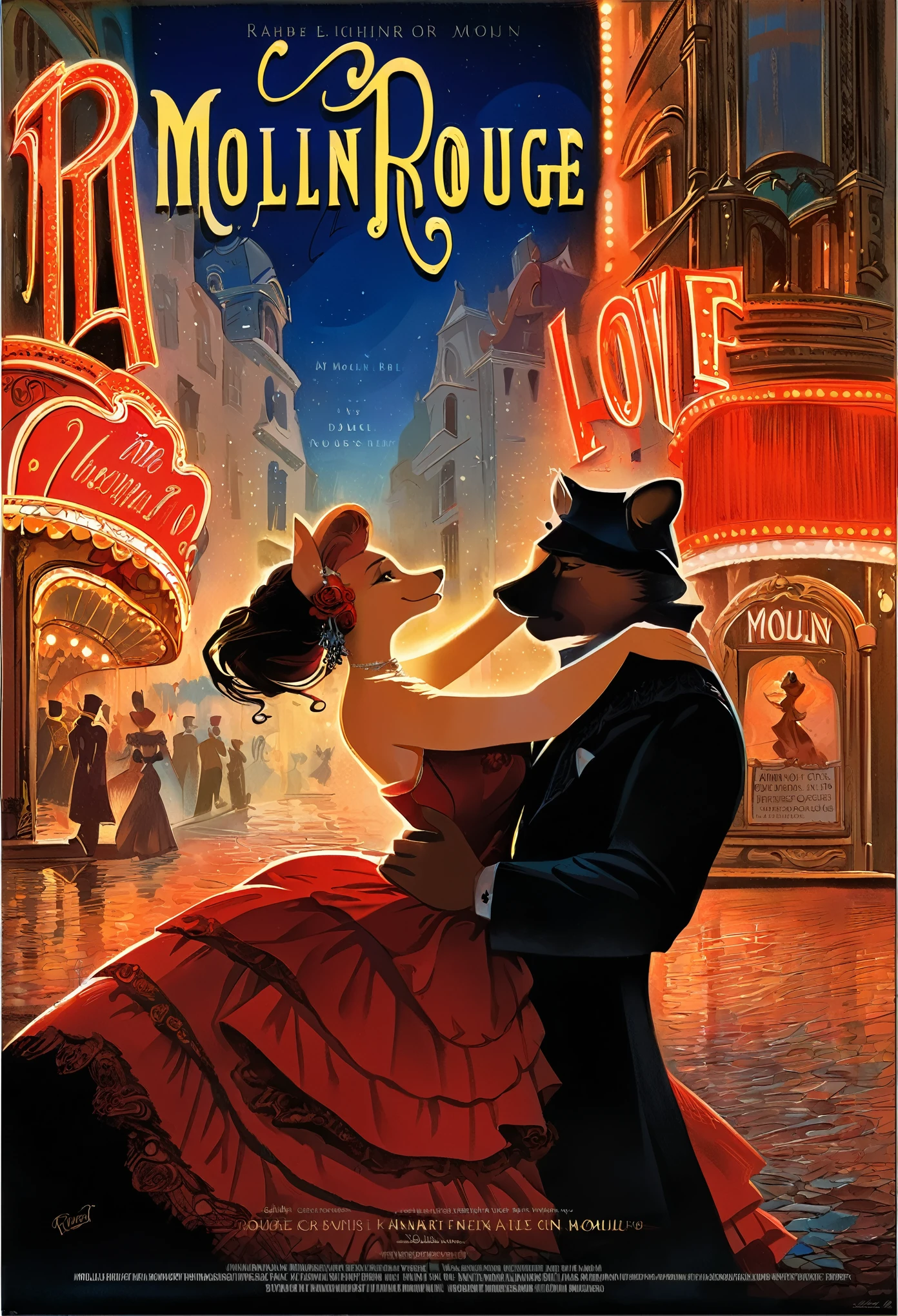 top quality, highres, High-quality illustrations, unparalleled masterpiece, arafed image of a couple in a city street at night, furry, anthro, kemono, moulin rouge, moulin rouge, movie artwork, concept art of love, movie art, movie poster painting, bestselling movie art poster, romance novel cover, martin ansin, inspired by Vincent Lefevre, belle epoque, romanticis, raphaël, cinematic lighting,