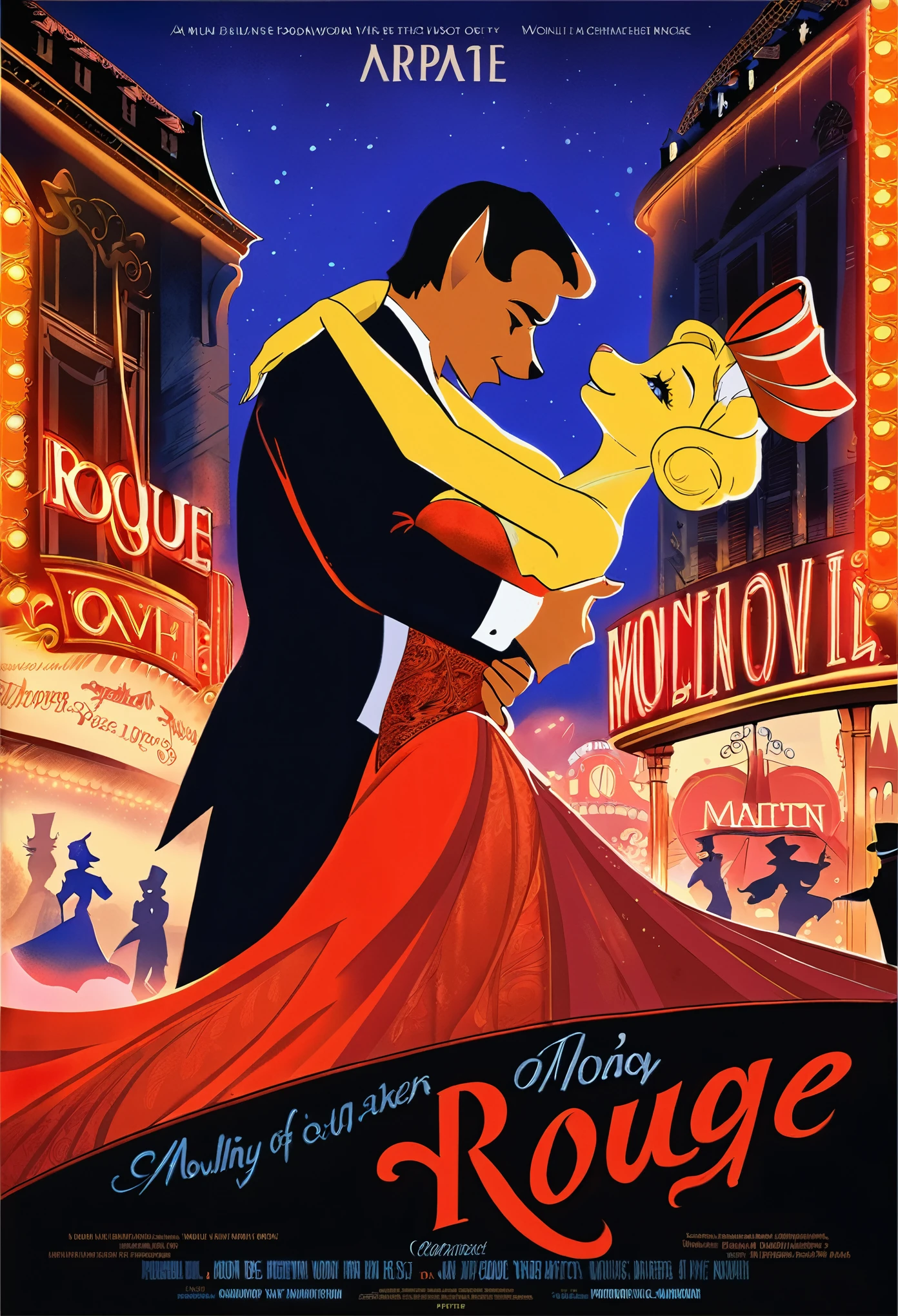 top quality, highres, High-quality illustrations, unparalleled masterpiece, arafed image of a couple in a city street at night, furry, anthro, kemono, moulin rouge, moulin rouge, movie artwork, concept art of love, movie art, movie poster painting, bestselling movie art poster, romance novel cover, martin ansin, inspired by Vincent Lefevre, belle epoque, romanticis, raphaël, cinematic lighting,
