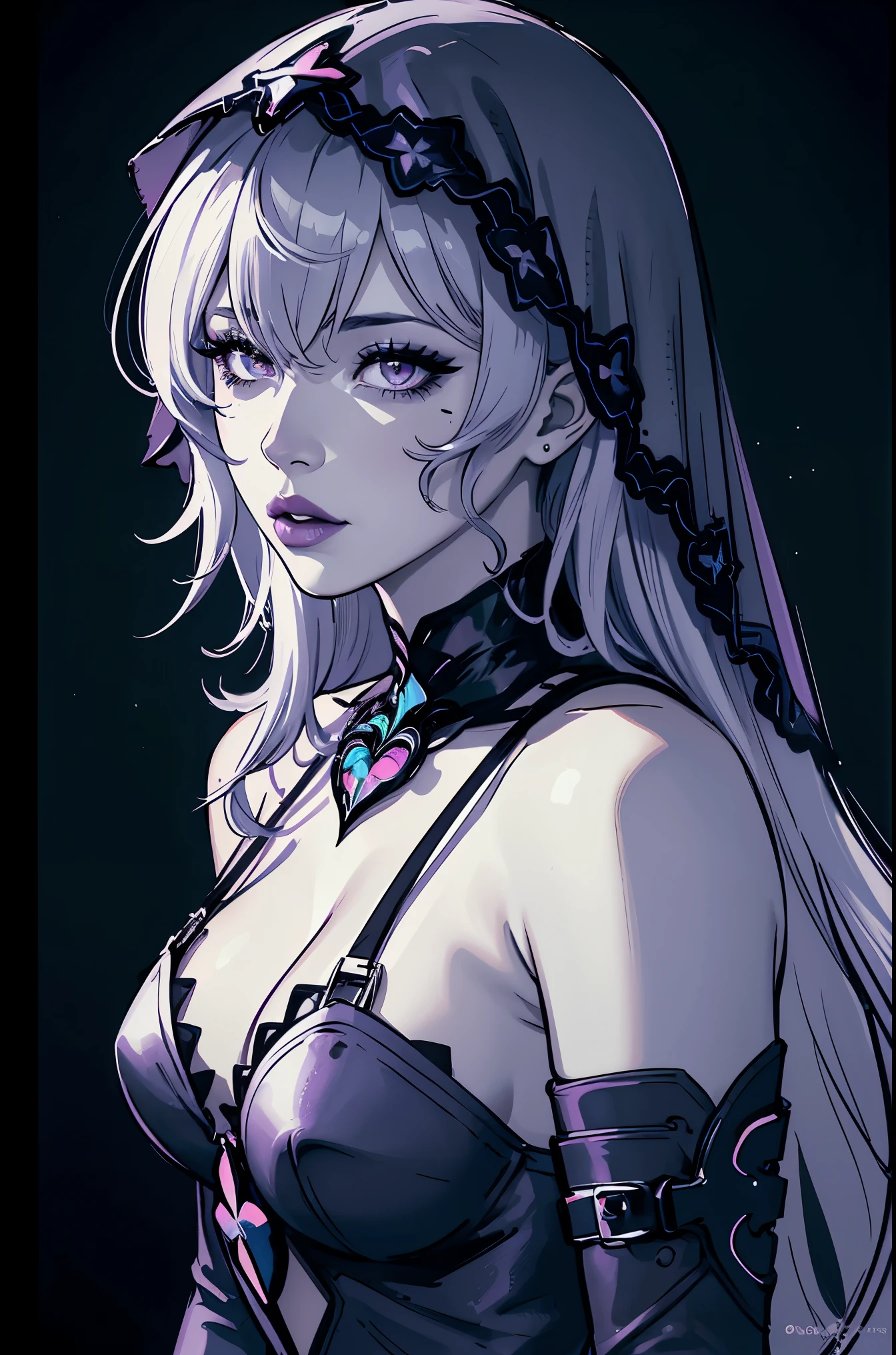 (best quality, sketch:1.2), epic realistic,illustrator,anime,1 women, detailed lips,custom, bad women, details, neon-blue gradient, ((background dark monochrome)), purple hair,textured cropping, masterpiece, style retro classic, stocking fillers, details