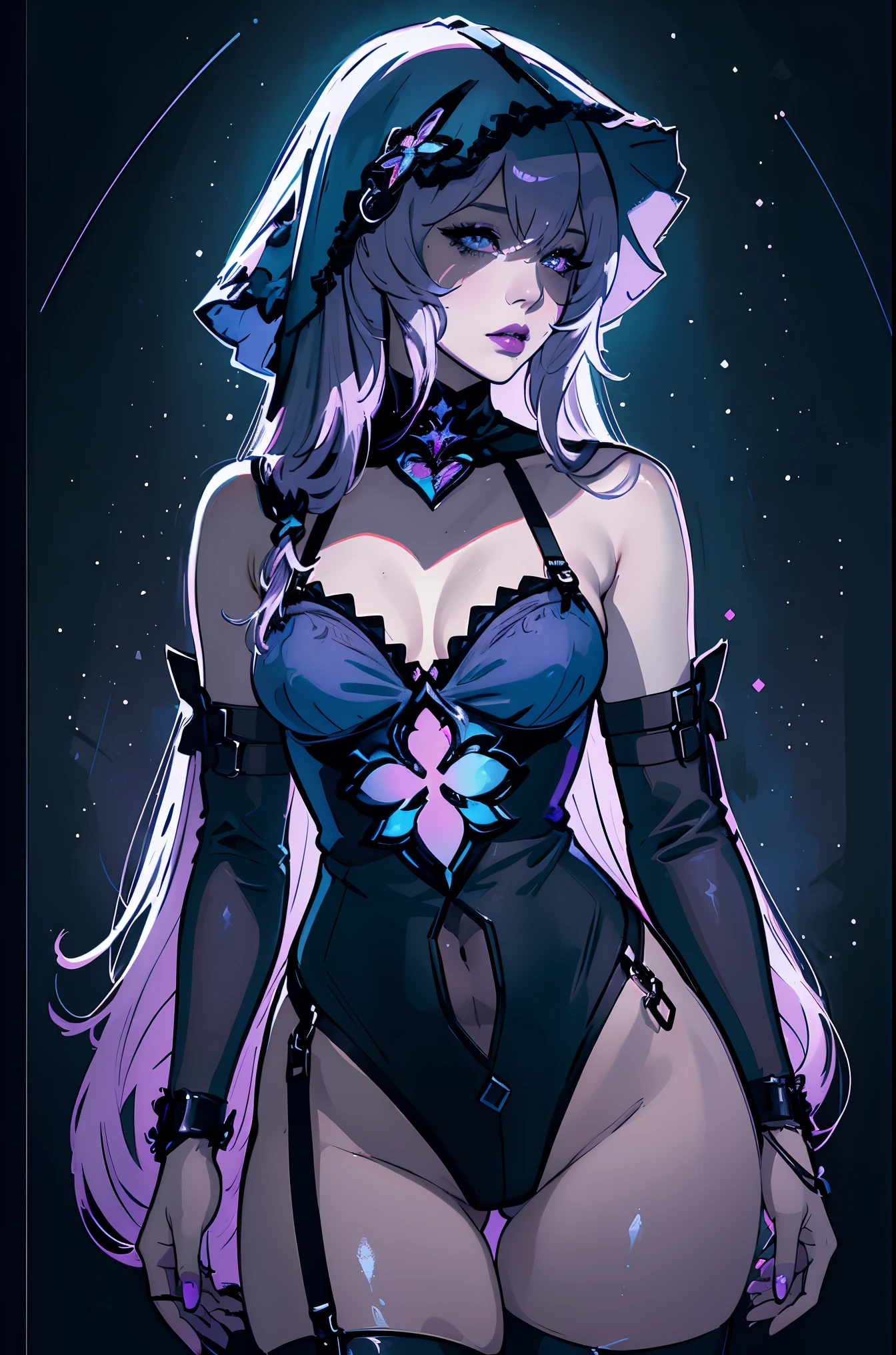(best quality, sketch:1.2), epic realistic,illustrator,anime,1 women, detailed lips,custom, bad women, details, neon-blue gradient, ((background dark space monochrome)), purple hair,textured cropping, masterpiece, style retro classic, stocking suspenders, details