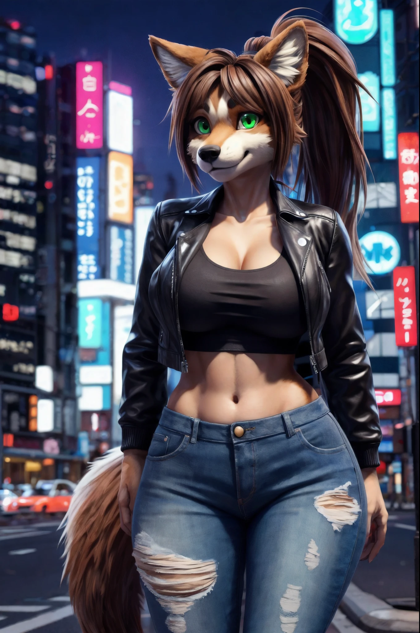 ((masterpiece, best quality:1.4)), bokeh, fluffy, 3d,
furry female, solo, looking at viewer, anthro,
wolf, furry wolf, brown hair, long hair, ponytail, light brown fur, green eyes, large breasts, wide hips, leather jacket, torn jeans, open jacket, long tail,
tokyo \(city\), city, city lights, night,