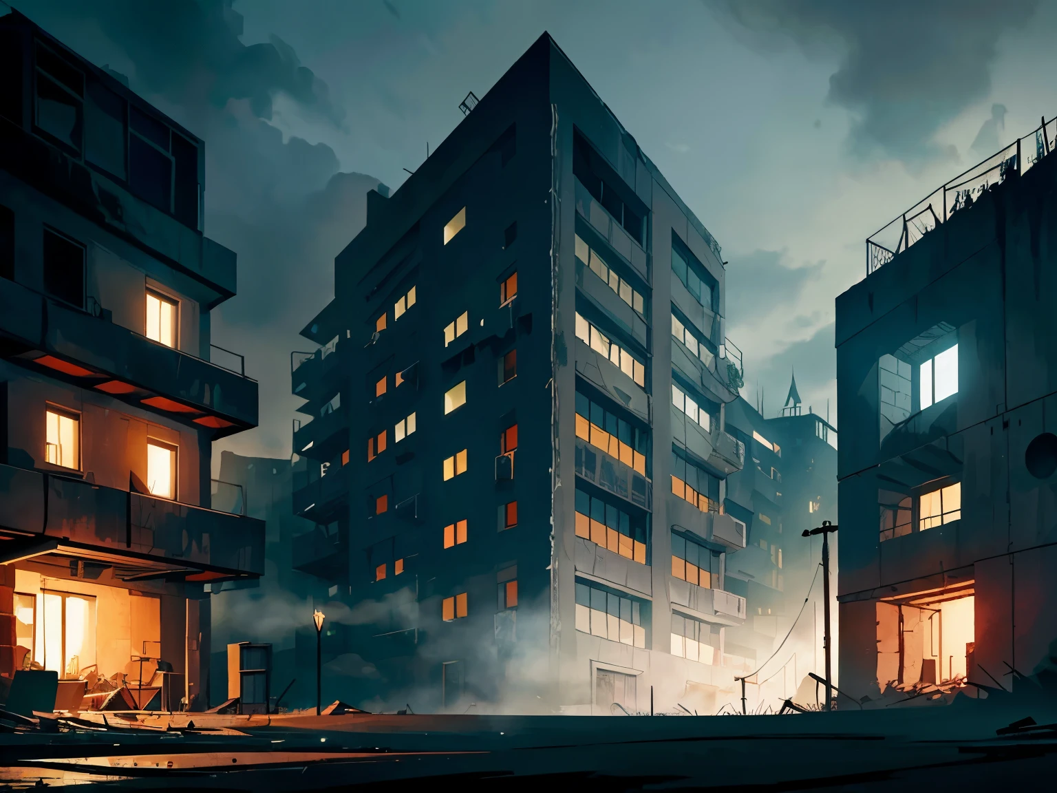 (flat color:1.1),(masterpiece:1.2), best quality, masterpiece, original, (medieval:1.5), washed-out colors, dark atmosphere, vibrant colors, fog, post apocalyptic apartment complex, (modern:1.5)