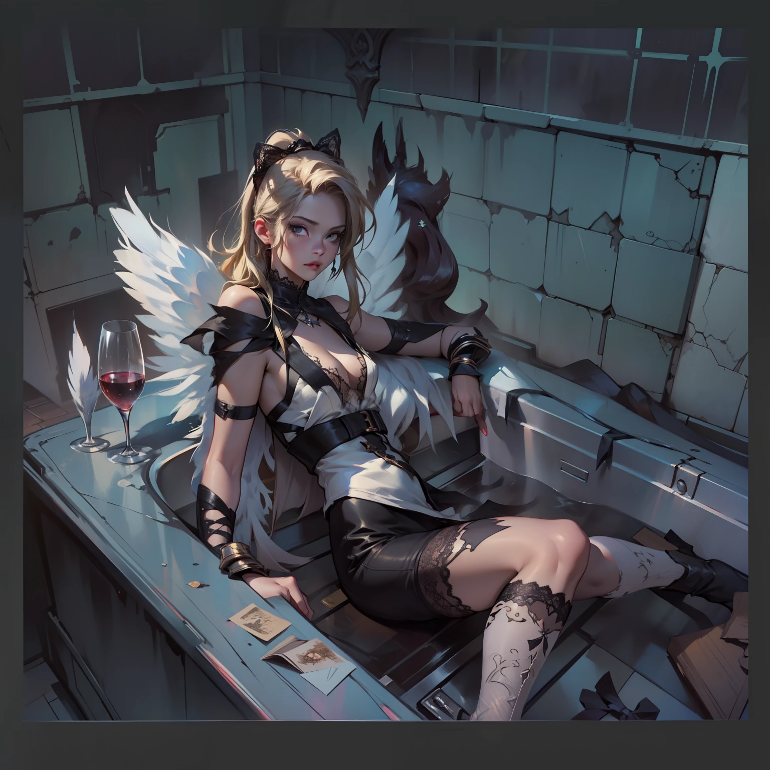 there is a woman sitting in a bathtub with a glass of wine, relaxing in the bathtub concept art, inspired by ashley wood, post grunge concept art, no more heroes concept art, resting, inspired by Everett Shinn, inspired by Wlop, full res, at pixiv, lowres inspired by Wlop, (Numerous award-winning masterpieces, With incredible detail, Maximum textures and details), (semi realistic:1.4), (She have long blonde pony tail), (Partee superior do corpo para cima:0.3), (melhor qualidade de pele textura real), (finely detailed true circle eyes) (Aesthetic and decadent image:1.5), (she have white lacy stocks on her legs), (ancient dark vibe), altar, Her face is soft and beautiful, (small white wings with tattered white feathers behind the shoulders:1.3), (Imagem corporal inteira:1.7), (Wears white lingerine dress like on the reference picture:1.2), (Foto Flamboyant),