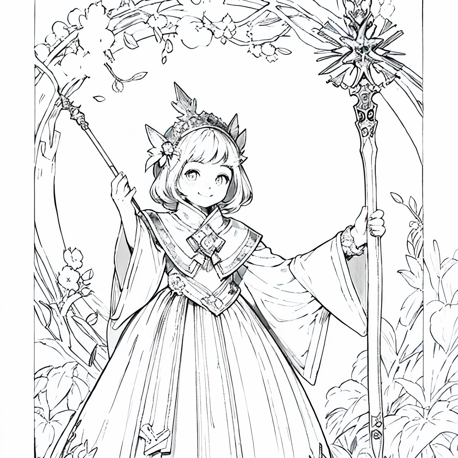 ((highest quality)), ((masterpiece)),magical girl,simple design,coloring book,The background is a forest,picture book,line drawing,black and white,The same girl is waving a magic stick,Magic is sparkling,Uplifting