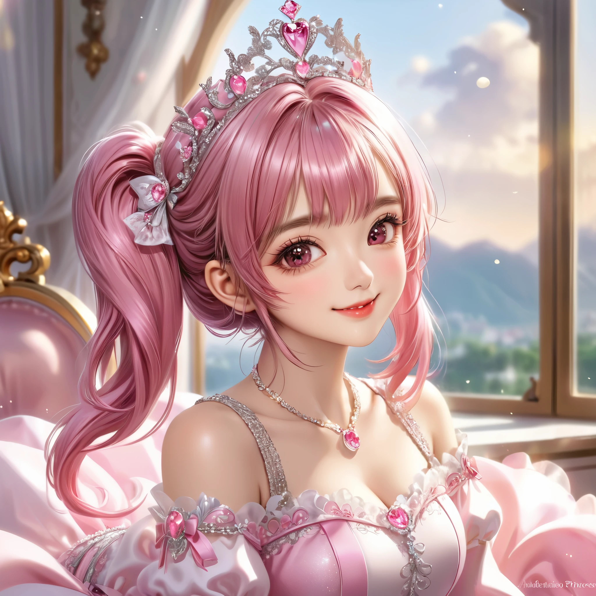 (Breathtaking and beautiful lighting:1.2), (1 Girl:1.3), (Solo:1.5), sixteen years old, (shiny white skin), (pink hair, twin tail hair, Bangs:1.3), (Beautiful pink eyes, adolable big drooing eyes:1.5), (Breathtaking Beautiful Princess Dresses with Luxurious Details, super precision embroidery See-through lace, cute ribbon, super precision embroidery a lot of see-through frill, super precision embroidery silver thread, Diamond), (big bust:1.3), (beautifully Luxurious Diamonds Tiara), (happy smile, Beautiful smile, Gentle smile, cute smile, innocent smile like an angel:1.2), Attractive, amazing, Beautiful, Elegant, Luxurious, magnifica, Eye-catching, the ultimate beauty, Supreme Beauty, Superlative beauty, Elegant, Beauty, Graceful, Everyone loves it, Beauty that fascinates everyone, Healed, The highest level of complete beauty, cute like an idol, Stylish like a fashion model, Goddess-like grace, Be loved, cute little, adolable, Look at the camera, cute little pose, Happy, (breathtaking scenery, Breathtakingly beautiful Luxurious Princess room, champagne:1.5),