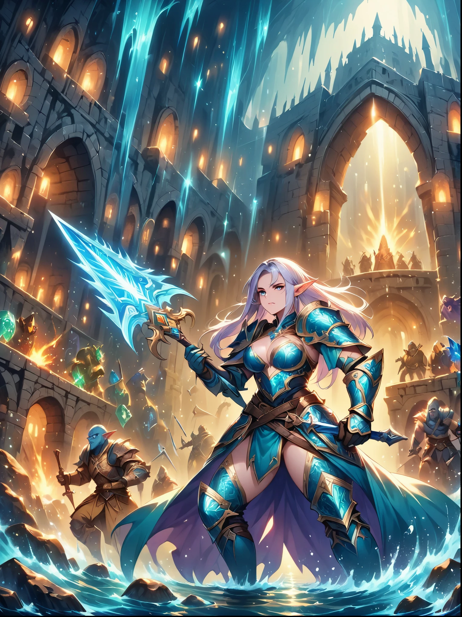 (((Dungeons & Dragons))),A glittering dragon's underground lair featuring an elf in armor and weapons guarding treasure-filled chambers, chests brimming with gold coins and gems, pools of water and minerals, wizard orcs and trolls patrolling, (shining armors, shining swords, shiny axes),magical spell books,scrolls,flaming torches,mysterious runes,rock walls,crystals,gemstones,detailed elf,intricate armor,intense eyes,captivating face,pointed ears,long silver hair,drawn sword,shield ready, focused determination,dungeon lighting,caves,high fantasy