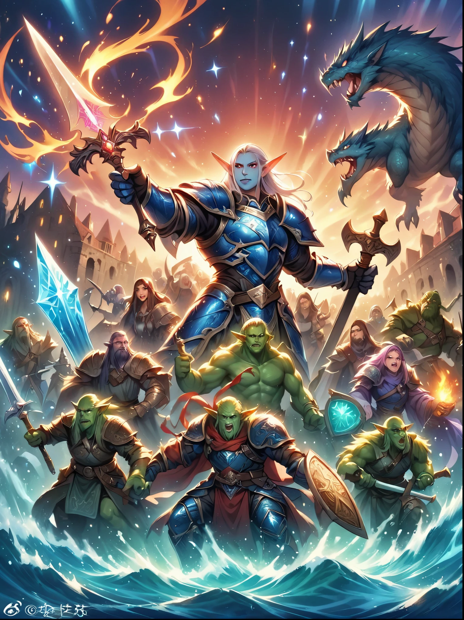 (((Dungeons and Dragons)))，A sparkling dragon&#39;s underground lair，There is an elf in armor and weapons guarding a room full of treasure，装满金币和​​gem的箱子，Pool of water and minerals，Wizards orcs and trolls on patrol，(Shiny armor，shining sword，shiny ax），magic spell book，reel，burning torch，Mysterious runes，rock wall，crystal，gem，Detailed elf，Complex armor，sharp eyes，charming face，pointed ears，silver long hair，draw sword，shield ready，Determined to focus，dungeon lighting，cave，High fantasy