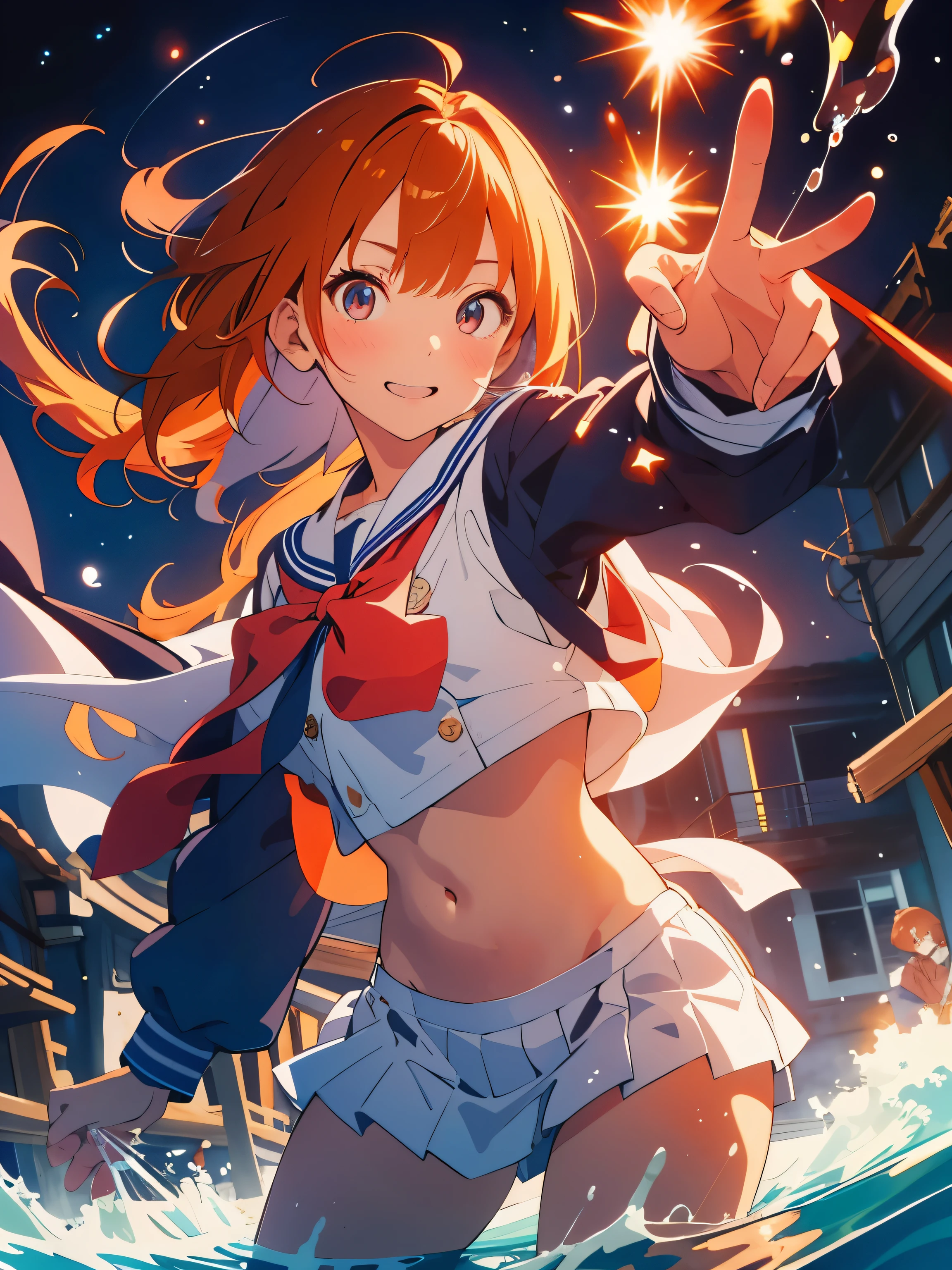 fighting,orange hair,magic,(best quality,),(anime style,comic core:1.1),1 girl in,cute style,Lovely,extremely detailed eyes,The facial details are particularly rich,very fine hair,About Shipyard,8K,solve,high school girls,Sailor suit,