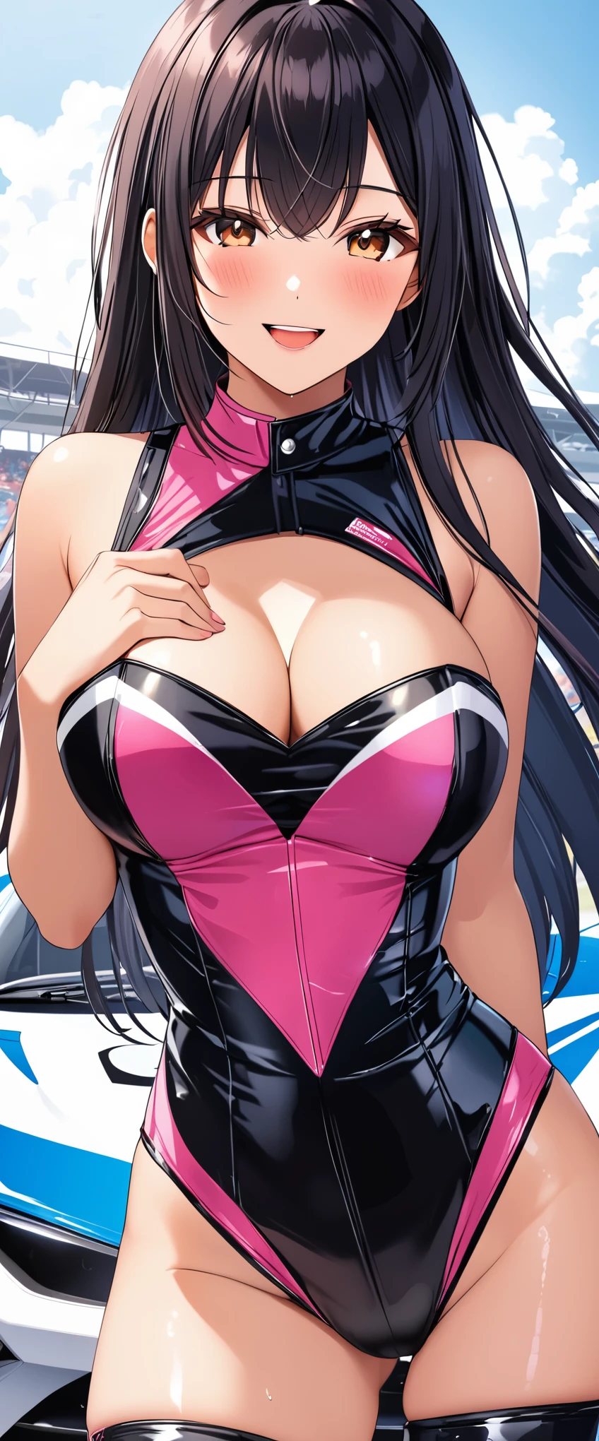 1 female,black hair,25 years old,(((Shiny race queen uniform with exposed belly button)))(((blush、open mouth smile)),(((straight hair))),,,(wet with sweat)(leather thigh high boots)(((beautiful breasts)))