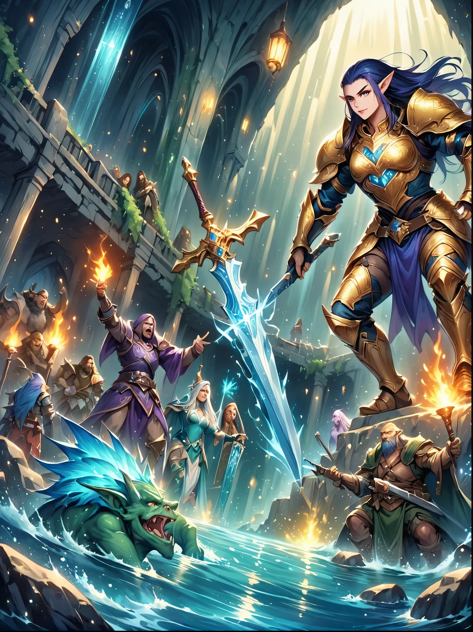 (((Dungeons and Dragons)))，A sparkling dragon&#39;s underground lair，There is an elf in armor and weapons guarding a room full of treasure，装满金币和​​gem的箱子，Pool of water and minerals，Wizards orcs and trolls on patrol，(Shiny armor，shining sword，shiny ax），magic spell book，reel，burning torch，Mysterious runes，rock wall，crystal，gem，Detailed elf，Complex armor，sharp eyes，charming face，pointed ears，silver long hair，draw sword，shield ready，Determined to focus，dungeon lighting，cave，High fantasy