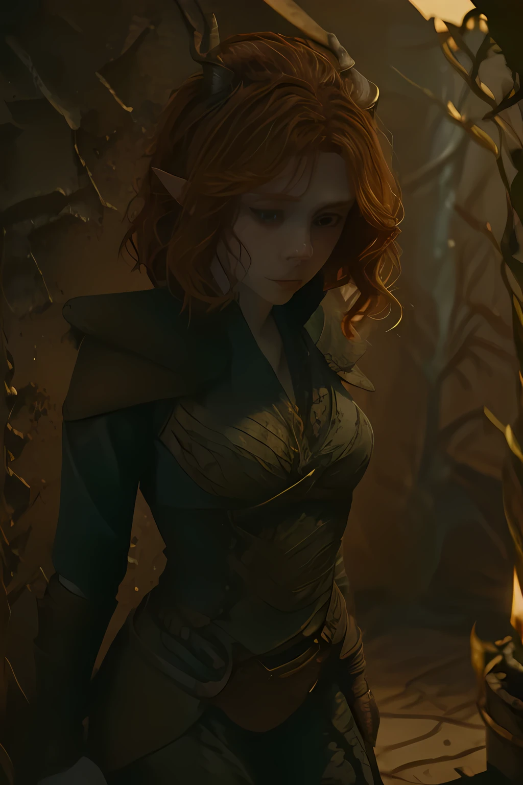 thedruid, a woman,  masterpiece, best quality, very aesthetic, absurdres, in Dungeon, dramatic lighting