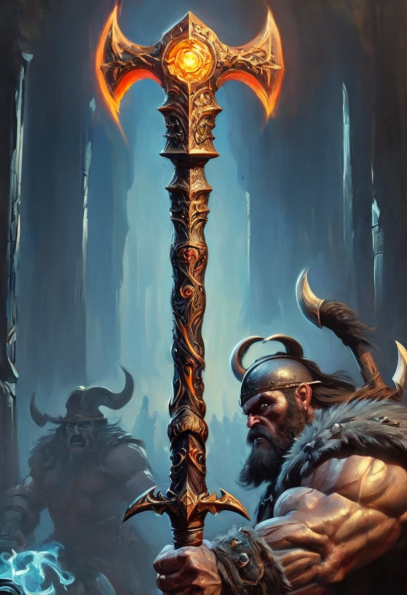 Cinematic shot of a barbarian, holding glowing staff by the handle, reflective light, RPG game, epic, dark fantasy concept art, masterpiece, best quality, perfect composition, very aesthetic, absurdres, ultra-detailed, intricate details, Professional, official art, Representative work