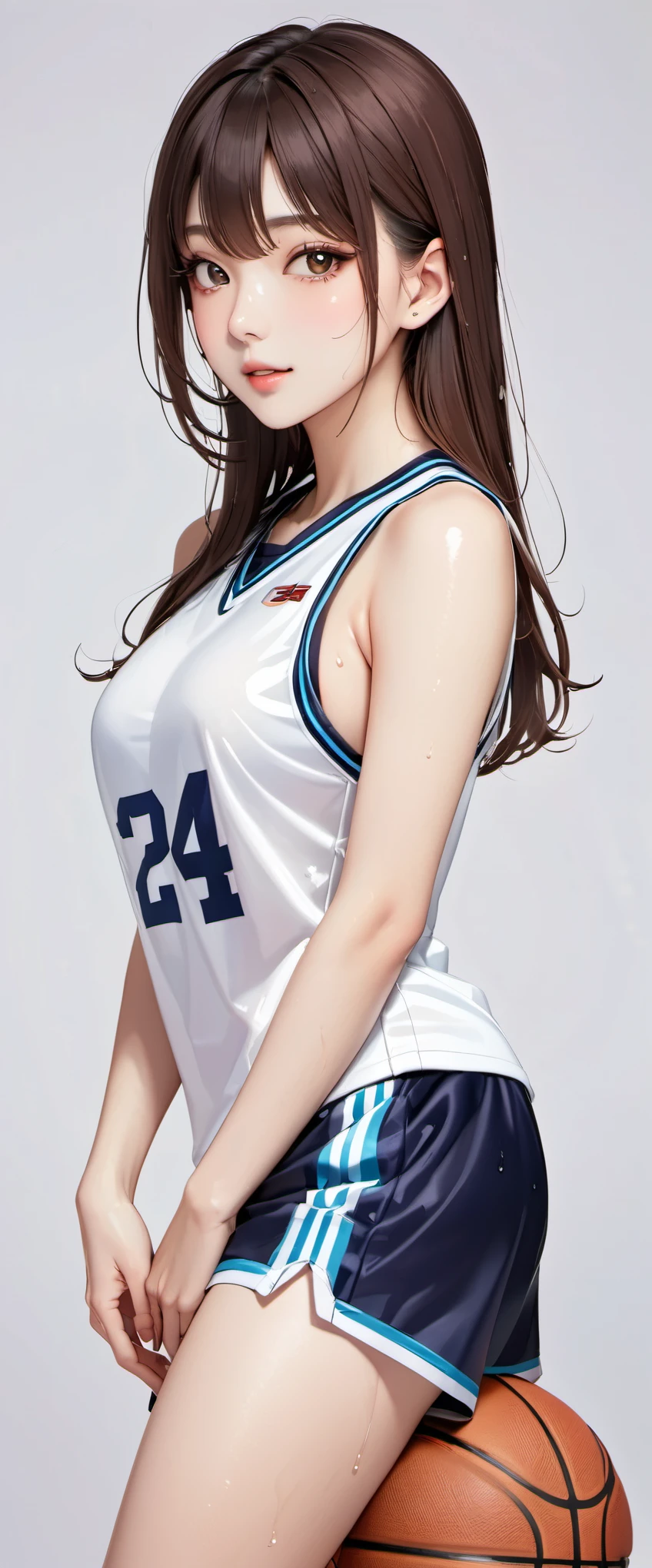 (masterpiece,highest quality,超A high resolution),japanese woman, (((Very beautiful 25 year old girl))), pretty girl、look at the photographer､  (()), super cute face, glossy lips, double eyelids in both eyes,natural smile、 natural makeup, long eyelashes, Shiny and smooth hair､center image,  perfect limbs, perfect anatomy,(((basketball sleeveless uniform)))、,(wet with sweat),,turn around and look back