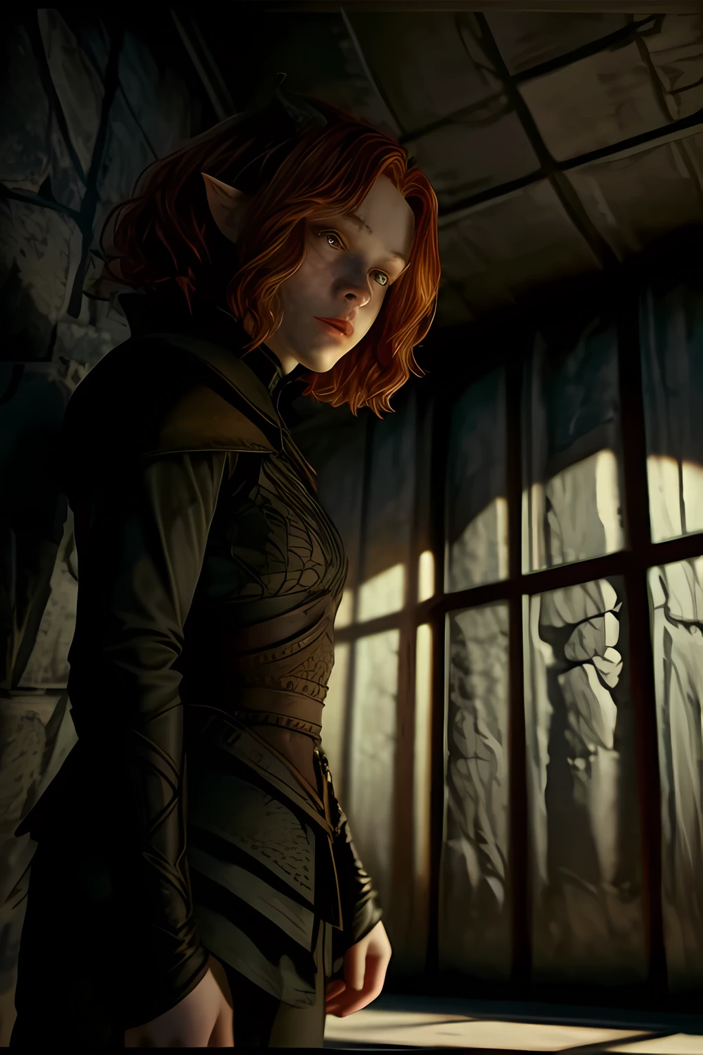 a woman, masterpiece, best quality, very aesthetic, absurdres, in Dungeon, s0ph,doric hair,wearing doricarmor,freckles,red hair