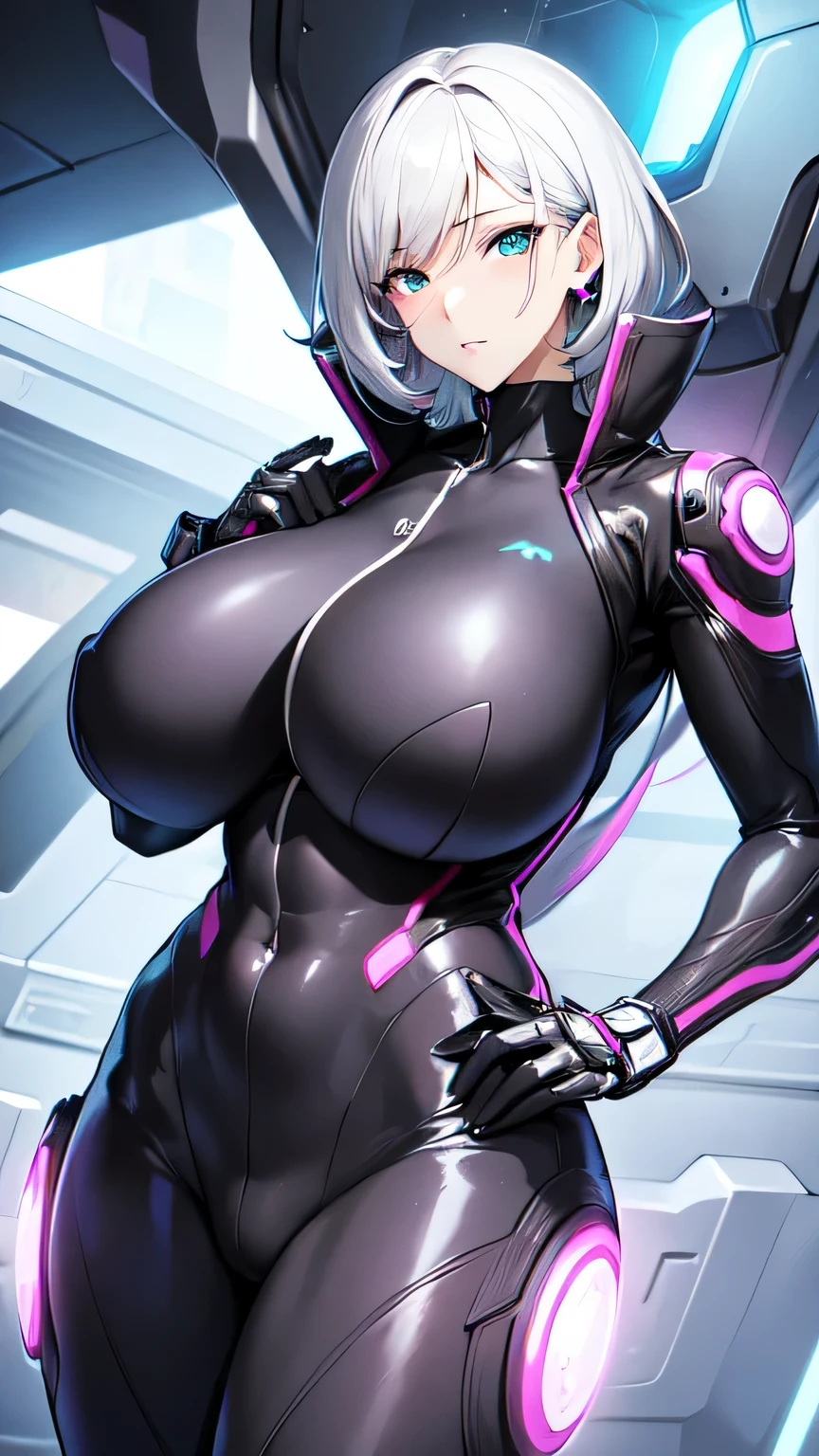 Milf, woman in a futuristic suit, highly detailed face, cool, mom, tomboy, very large breast, (Milf), mature face, (mature female), cybersuit, anime girl wearing tight suit, milfication, Elegant body, navel focus, naked body, gloves, earrings, science fiction, female protagonist, standing, volumetric light, detailed lighting, detailed textures, oppai cyberpunk, biomechanical oppai, masterpiece, best quality eyes, sci-fi background, futuristic landscape, low angle, chubby, smooth surface