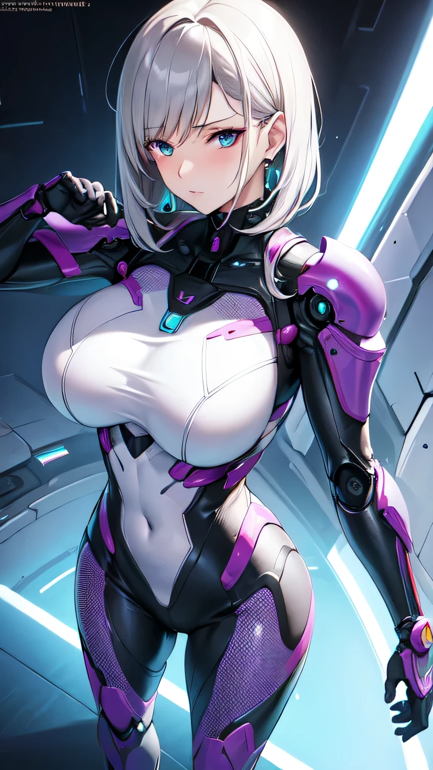 Milf, woman in a futuristic suit, highly detailed face, cool, mom, tomboy, very large breast, (Milf), mature face, (mature female), cybersuit, anime girl wearing tight suit, milfication, Elegant body, navel focus, naked body, gloves, earrings, science fiction, female protagonist, standing, volumetric light, detailed lighting, detailed textures, oppai cyberpunk, biomechanical oppai, masterpiece, best quality eyes, sci-fi background, futuristic landscape, low angle, chubby, smooth surface