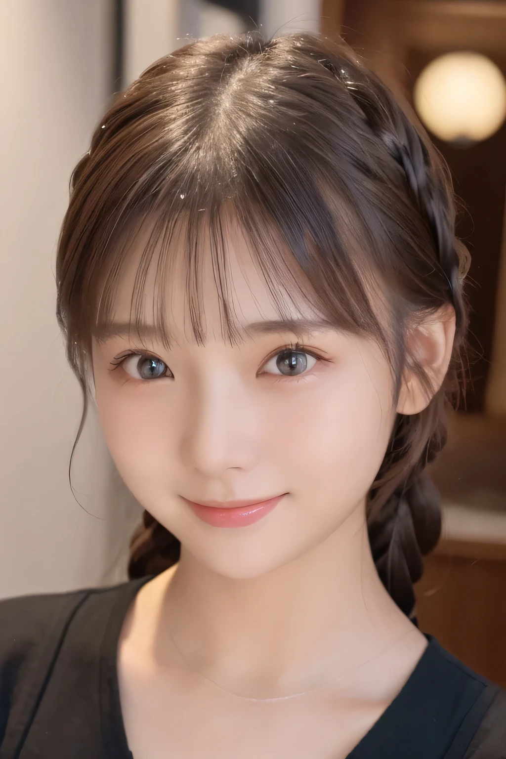 (8K、masterpiece, highest quality, High resolution,super resolution,Super detailed)、1 girl、(************)、round face、slim、(flat body:1.45)、cute、 (close up face shot:1.23)、Asymmetrical top、French Braid、half smile