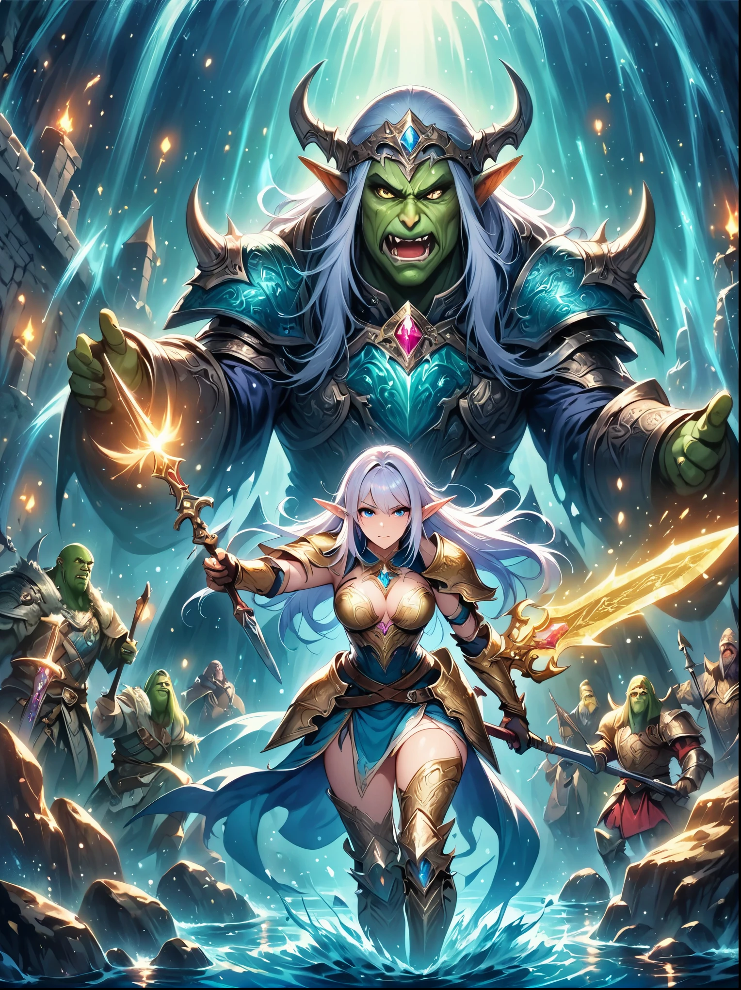 (((Dungeons & Dragons))),A glittering dragon's underground lair featuring an elf in armor and weapons guarding treasure-filled chambers, chests brimming with gold coins and gems, pools of water and minerals, wizard orcs and trolls patrolling, (shining armors, shining swords, shiny axes),magical spell books,scrolls,flaming torches,mysterious runes,rock walls,crystals,gemstones,detailed elf,intricate armor,intense eyes,captivating face,pointed ears,long silver hair,drawn sword,shield ready, focused determination,dungeon lighting,caves,high fantasy