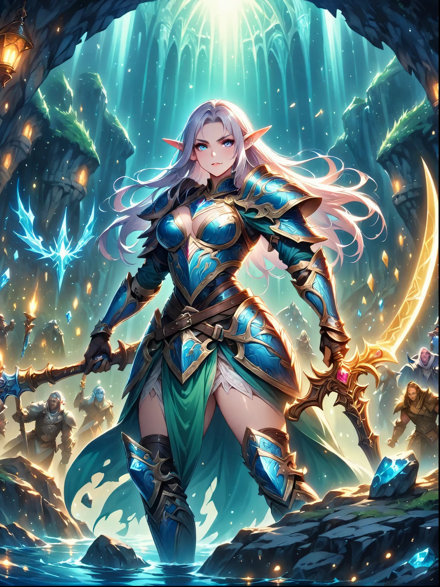 (((Dungeons and Dragons)))，A sparkling dragon&#39;s underground lair，There is an elf in armor and weapons guarding a room full of treasure，装满金币和​​gem的箱子，Pool of water and minerals，Wizards orcs and trolls on patrol，(Shiny armor，shining sword，shiny ax），magic spell book，reel，burning torch，Mysterious runes，rock wall，crystal，gem，Detailed elf，Complex armor，sharp eyes，charming face，pointed ears，silver long hair，draw sword，shield ready，Determined to focus，dungeon lighting，cave，High fantasy