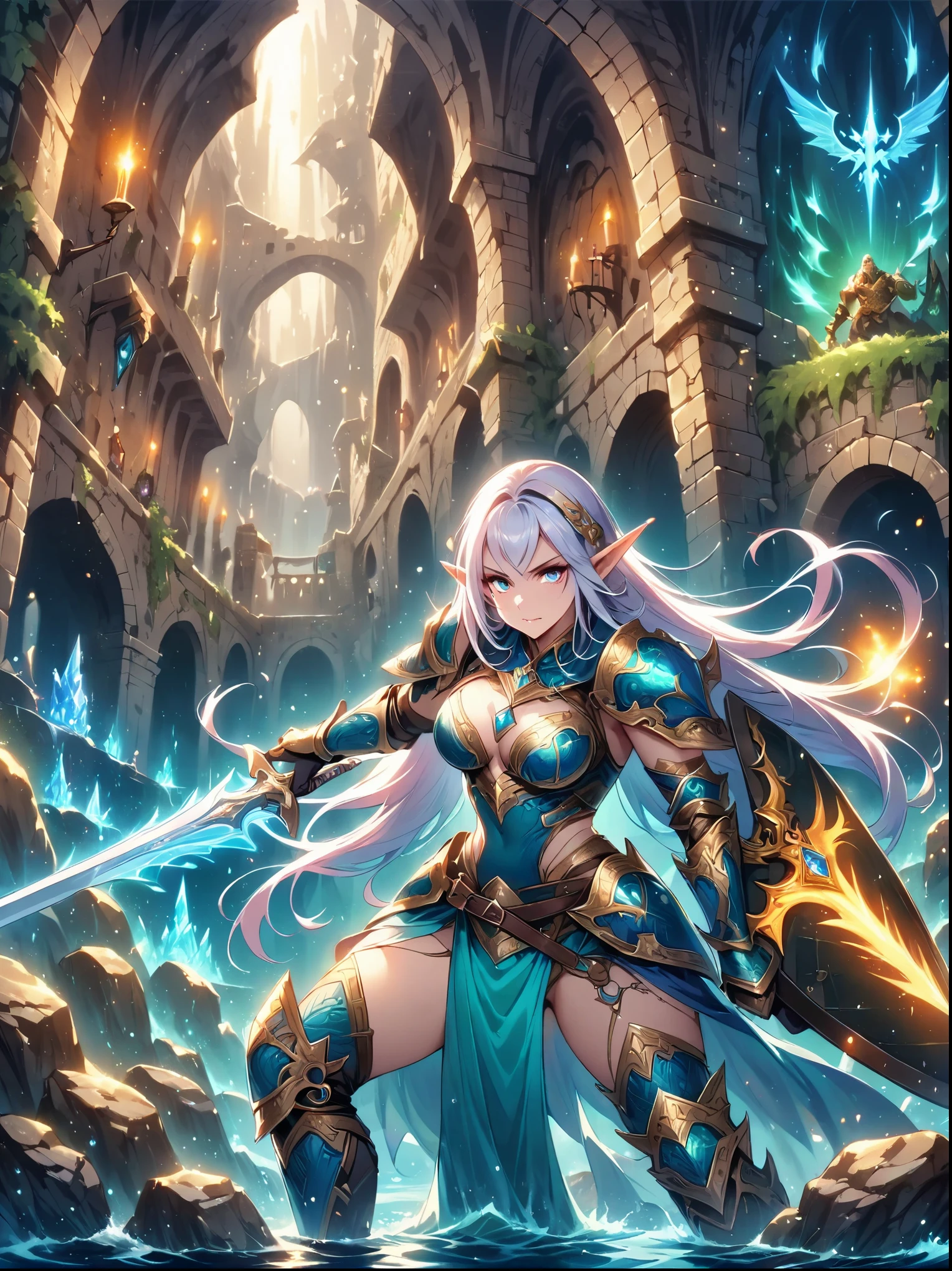 (((Dungeons and Dragons)))，A sparkling dragon&#39;s underground lair，There is an elf in armor and weapons guarding a room full of treasure，装满金币和​​gem的箱子，Pool of water and minerals，Wizards orcs and trolls on patrol，(Shiny armor，shining sword，shiny ax），magic spell book，reel，burning torch，Mysterious runes，rock wall，crystal，gem，Detailed elf，Complex armor，sharp eyes，charming face，pointed ears，silver long hair，draw sword，shield ready，Determined to focus，dungeon lighting，cave，High fantasy