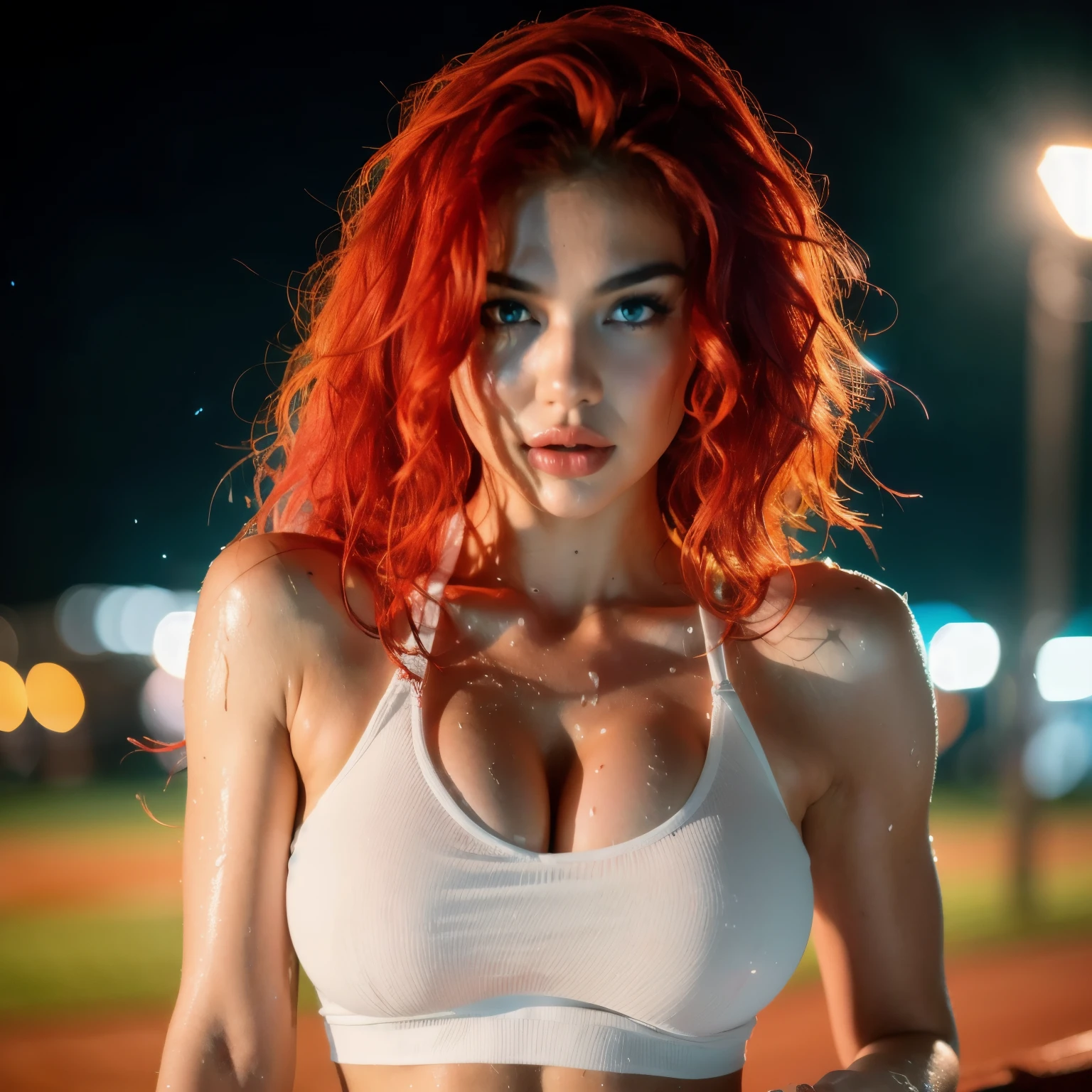 stunningly beautiful exotic dancer with red hair wearing soaking wet white tank top, Kayley Gunner, detailed gorgeous face, detailed skin texture, highly detailed hair, (realistic), bright floodlights in background, raining, 8k uhd, DSLR, film grain, Fujifilm XT3, soft focus, 55mm lens, f/2.8, insanely detailed, highest quality, cinematic film still, cinematic lighting, vibrant