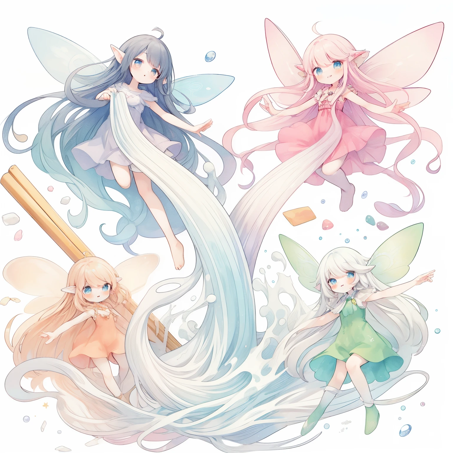 anime characters of different colors and sizes with long hair, fairies, smile、pastel watercolor anime、A fairy is flowing along with the white straight noodles on the waterslide.、smileで流し素麺を持ちながら、beautiful fairies, flying fairies, small fairies, anime fantasy illustration, official fanart, digital art on pixiv, pixiv, fairies and scissors, fairylike, soft anime illustration, official art, fairy-tale illustration style, zerochan art, tiny faeries, cute art style, full color illustration