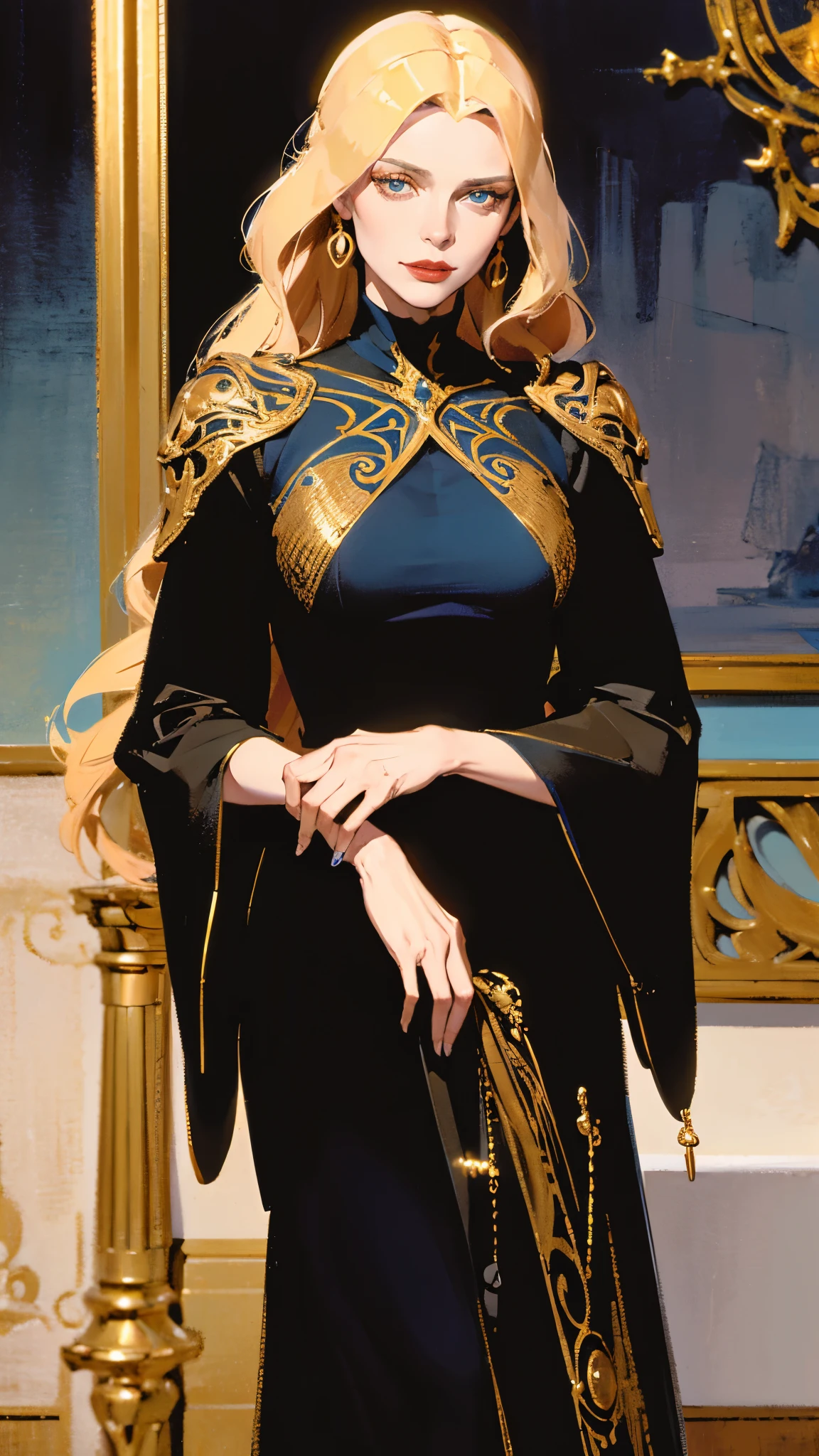 Digital illustration, Lady Margot Fenring, Bene Gesserit, from the novel Dune by Frank Herbert, depicted in a mysterious yet seductive stance, Art Styles: High Fantasy meets Science Fiction, Art Inspirations: ArtStation, by oprisco, Camera: 35mm, Shot: close-up, Render Related Information: 4K resolution, highly detailed, HDR lighting, (bene gesserit grace:1.25), (intricate details:1.14), (fabric textures:1.2), (golden ratio:1.1)