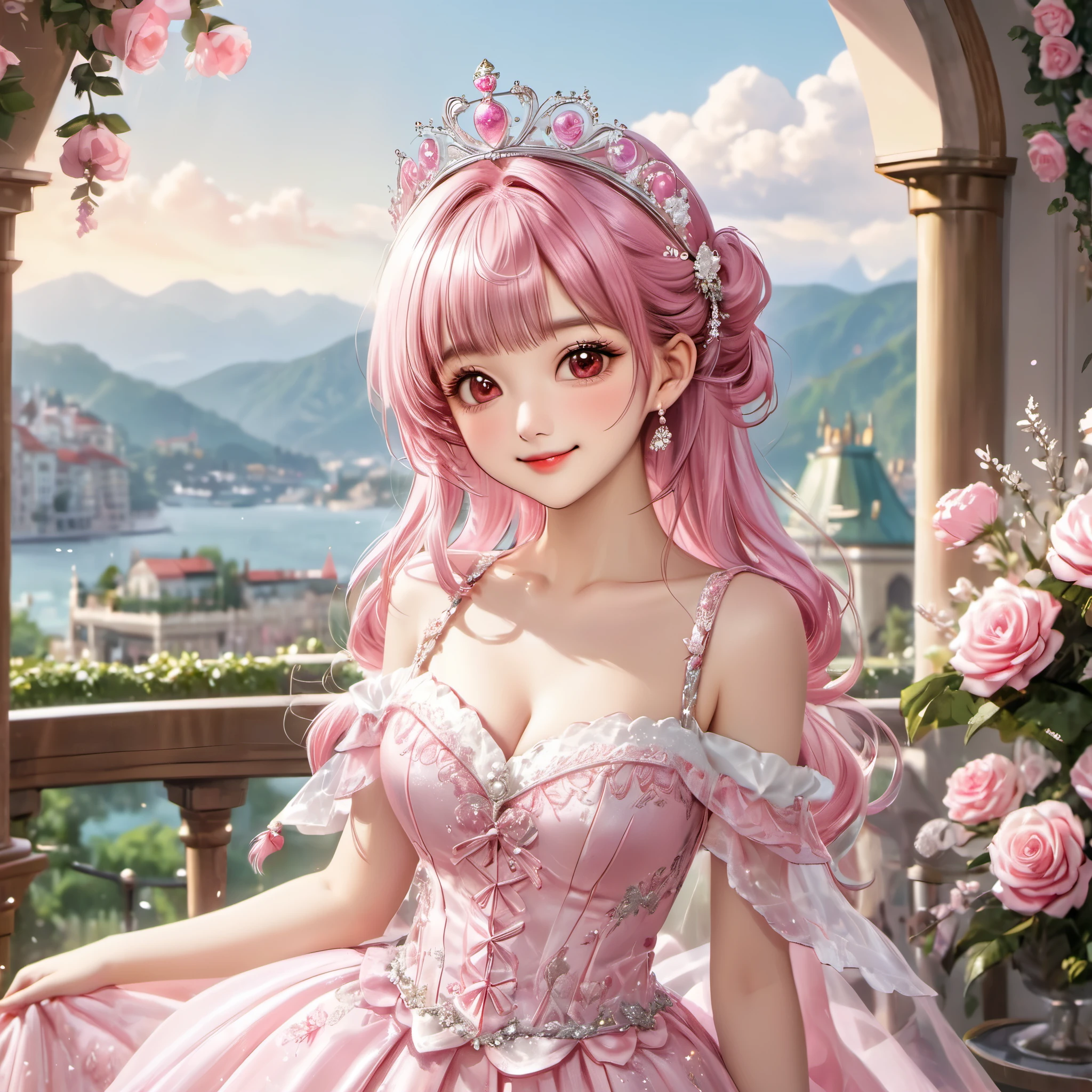 (Breathtaking and beautiful lighting:1.2), (1 Girl:1.3), (Solo:1.5), sixteen years old, (shiny white skin), (pastel pink hair, twin tail hair, Bangs:1.3), (Beautiful pink eyes, adolable big drooing eyes, wink, close one eye:1.5), (Breathtaking Beautiful white Princess Dresses with Luxurious Details, super precision embroidery See-through lace, cute ribbon, super precision embroidery a lot of see-through frill, corset belt, mermaid-line skirt, super precision embroidery silver thread, Diamond), (big bust:1.3), (beautifully Luxurious Diamonds Tiara), (happy smile, Beautiful smile, Gentle smile, cute smile, innocent smile like an angel:1.2), Attractive, amazing, Beautiful, Elegant, Luxurious, magnifica, Eye-catching, the ultimate beauty, Supreme Beauty, Superlative beauty, Elegant, Beauty, Graceful, Everyone loves it, Beauty that fascinates everyone, Healed, The highest level of complete beauty, cute like an idol, Stylish like a fashion model, Goddess-like grace, Be loved, cute little, adolable, Look at the camera, cute little pose, Happy, (Upper body:1.5), (breathtaking scenery, Breathtakingly beautiful Luxurious Princess room, cake, champagne, wine:1.5), (Sparkling pearl effect:1.5),