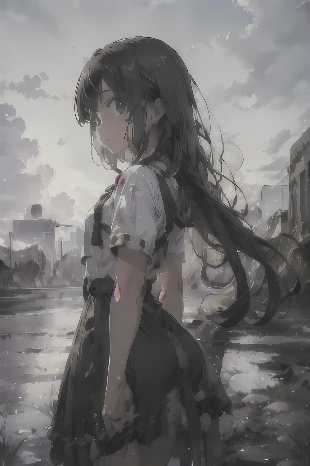absurdres, highres, (official art, beautiful and aesthetic:1.2), close view, shining sky, vast world, girl, gazing, awe-inspiring expression, distant horizon, clouds, high hill, natural beauty, inspiration, light effects,