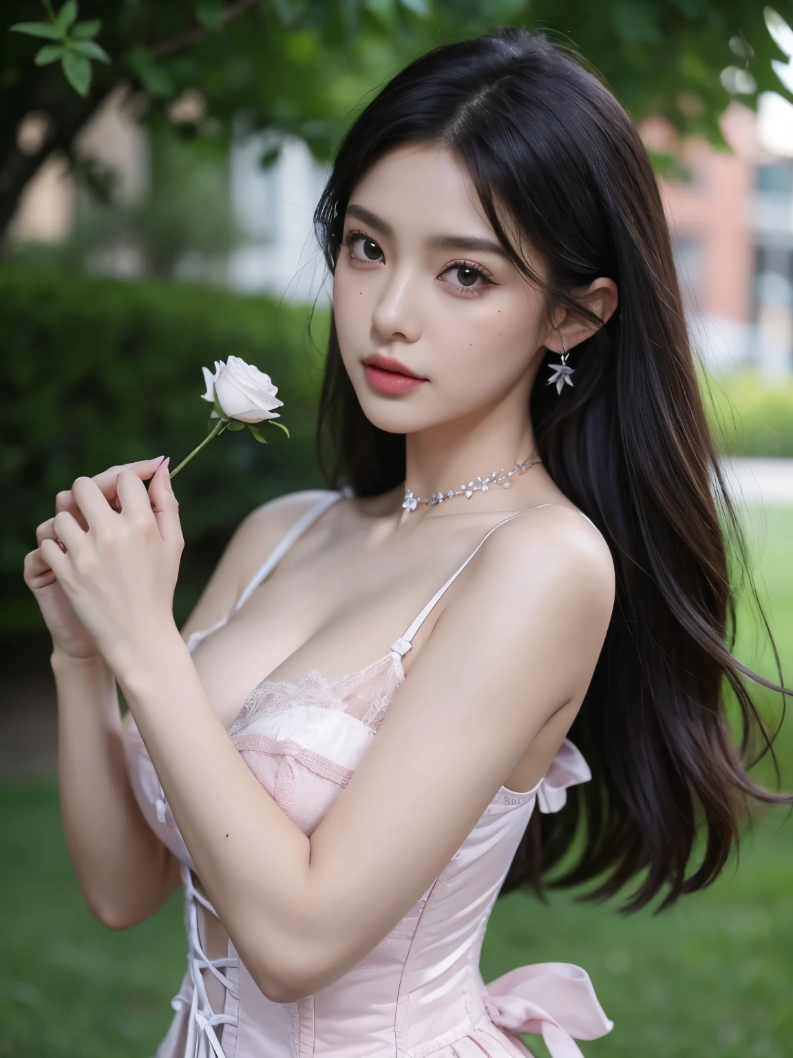 Kim Jennie con el cabello negro oscuro, con rulos en las puntas del cabello negro oscuro, con un ganchito de estrella en el cabello negro oscuro, ojos de color claro, ojos bonitos, nariz bonita y respingada, labios bonitos, labios rosas, heart and cupid shaped lip, piel bonita, piel blanca, con lunares y pecas en todo el rostro, rubor rosa suave en las mejilla, rubor rosa natural, dark and gothic makeup, Jennie gotica, cuello bonito, noticeable collarbones, mirada enojada, con un collar, un collar bonito de beso, mientras tiene un Corset rosa, Corset rosa bonito, vestido con un Corset rosa, mientras muestra sus pechos desnudos, mientras tiene los pezones con dos corazones de papel rosa, tiene los pezonnes con corazones de papel rosa (pechos grandes, pechos suaves, pechos bonitos, pechos naturaleirando a la camara, autofoto