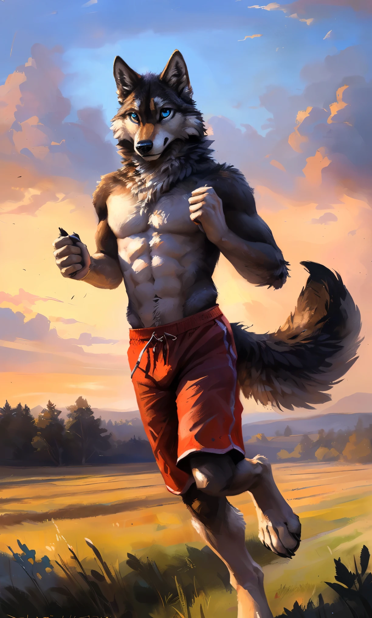((Solo)), male people, anthro wolf, (Multi-colored fur, White-brown:1.3,White tail pointed), (Height 2.1m,Tail length 1.2m), ((Wolf face, Big eyes, White eyelids, Blue pupil, Slim:1.2) (Tough, Calm expression:1.2)), Abs, Slim, pinging)), (Correct anatomy), (Work shorts:1.1), The upper body naked, (detailed outfits),A long big tail,Feet,(Realistic fur, Detailed fur texture, labeled:1.3)), (Natural lighting), Photorealistic, Hyperrealistic, ultradetailed, by Kenket,Field,erect through,Running on