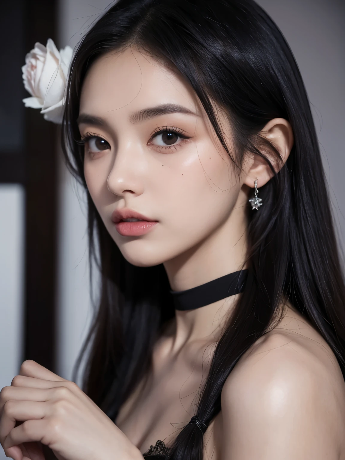 Kim Jennie con el cabello negro oscuro, con rulos en las puntas del cabello negro oscuro, con un ganchito de estrella en el cabello negro oscuro, ojos de color claro, ojos bonitos, nariz bonita y respingada, labios bonitos, labios rosas, heart and cupid shaped lip, piel bonita, piel blanca, con lunares y pecas en todo el rostro, rubor rosa suave en las mejilla, rubor rosa natural, dark and gothic makeup, Jennie gotica, cuello bonito, noticeable collarbones, mirada enojada, con un collar, un collar bonito de beso, mientras tiene un Corset rosa, Corset rosa bonito, vestido con un Corset rosa, mientras muestra sus pechos desnudos, mientras tiene los pezones con dos corazones de papel rosa, tiene los pezonnes con corazones de papel rosa (pechos grandes, pechos suaves, pechos bonitos, pechos naturaleirando a la camara, autofoto 