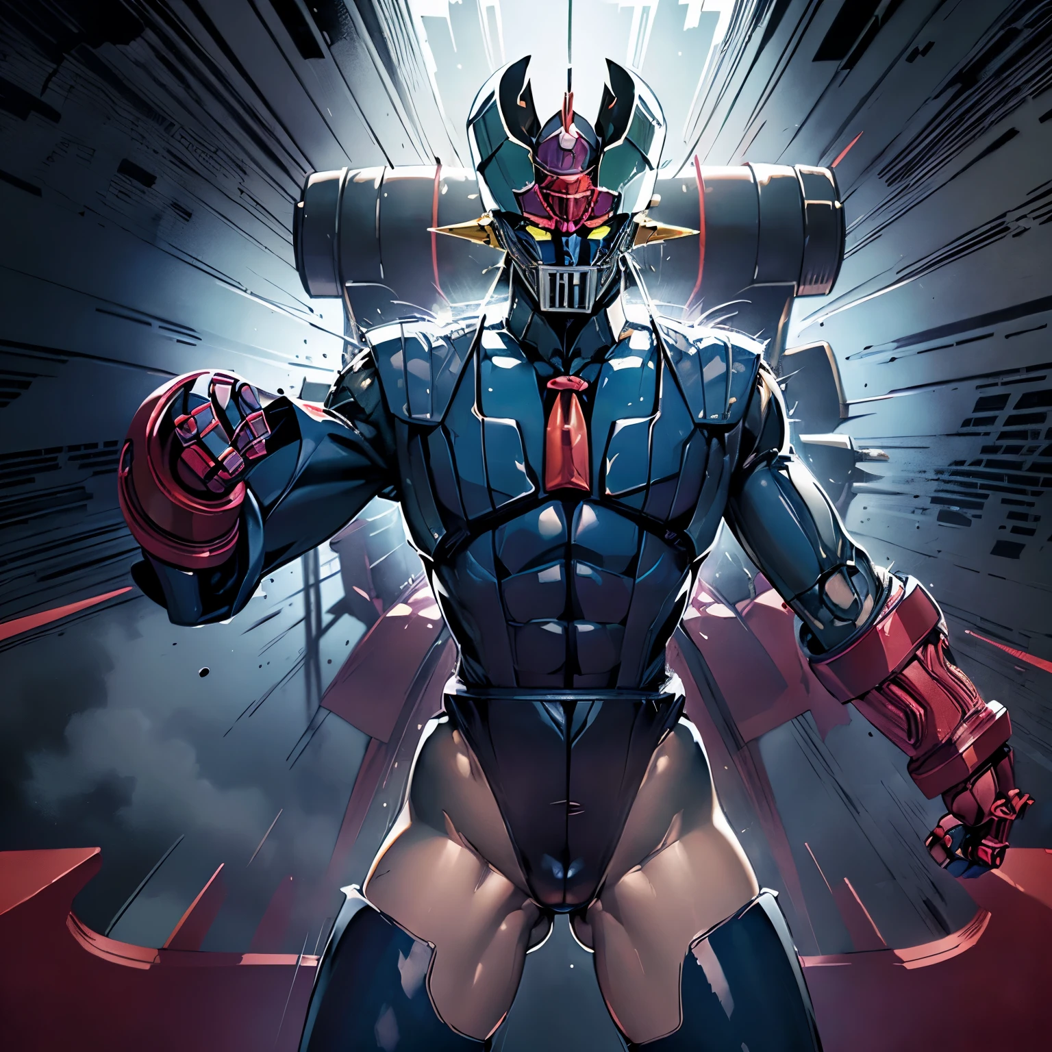 ultra-detailed, Explicit, street fighter, doll suit, shadaloo doll, dollsuit, looking at viewer, red gloves, black latex, corruption, mind control, full body, hypnotized, unhappy trance, full body suit, ribbed bodysuit, both arms at side, obey, extremely glossy latex, hypnosis, hypnoLora, empty eyes, Mind control device, poses, submissive_pose, Slave, standing straight, standing, standing at attention, hat, necktie, belt, latex, ribbed bodysuit, thigh Highs, garter belt, Fighting Stance, extending the right arm from the shoulder into the air with a straightened hand, military, thigh boots, black pantyhose, (((pixel-perfect, detail-perfect))), (((MAZINGER, mazinger z robot, robot, no human, super robot, mecha)))