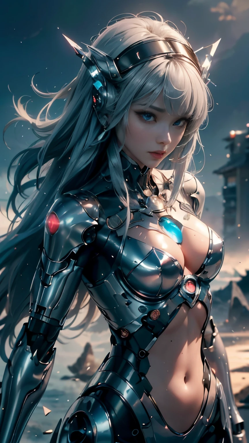 One is dressed in a futuristic suit、woman holding sword, bare belly，美少woman机器人, Robot womanの子, perfect anime Robot woman, robot-girl, 美しい白人の少woman机器人, Beautiful robot priestess, Robot woman, beautiful alluring woman机器人, Cyberpunk Robot Elf Queen, robot-girl with silver hair, beautiful woman, beautiful Robot womanの子, woman, goddess. extremely high detail, portrait of queen, 非常細緻的goddess拍攝, half body machine, inorganic, Next generation high performance, goddess of Machines, perfect, ultimate replicant, 超高性能AI打造的masterpiece, Final Weapon, best quality, perfect角度, Perfect composition, clear outline, best shot, perfect形状, perfect模特风格, Very beautiful and detailed eyes, empty eyes, blue eyes without pupils，bare belly，fair,, dynamic poses, delicate face, vibrant eyes, High detail skin, Realistic skin details, Visible pores, sharp focus, volumetric fog, 8K Ultra HD, SLR camera, high quality, rough skin, photorealism, Photography，((8K, raw, masterpiece: 1.4)), (Professional photography, sharp:1.2), ((Portrait shoot)), Perfect dynamic composition, (natural sunlight), (soft shadow), (Perfect body:1.4, slim abs:1.2)