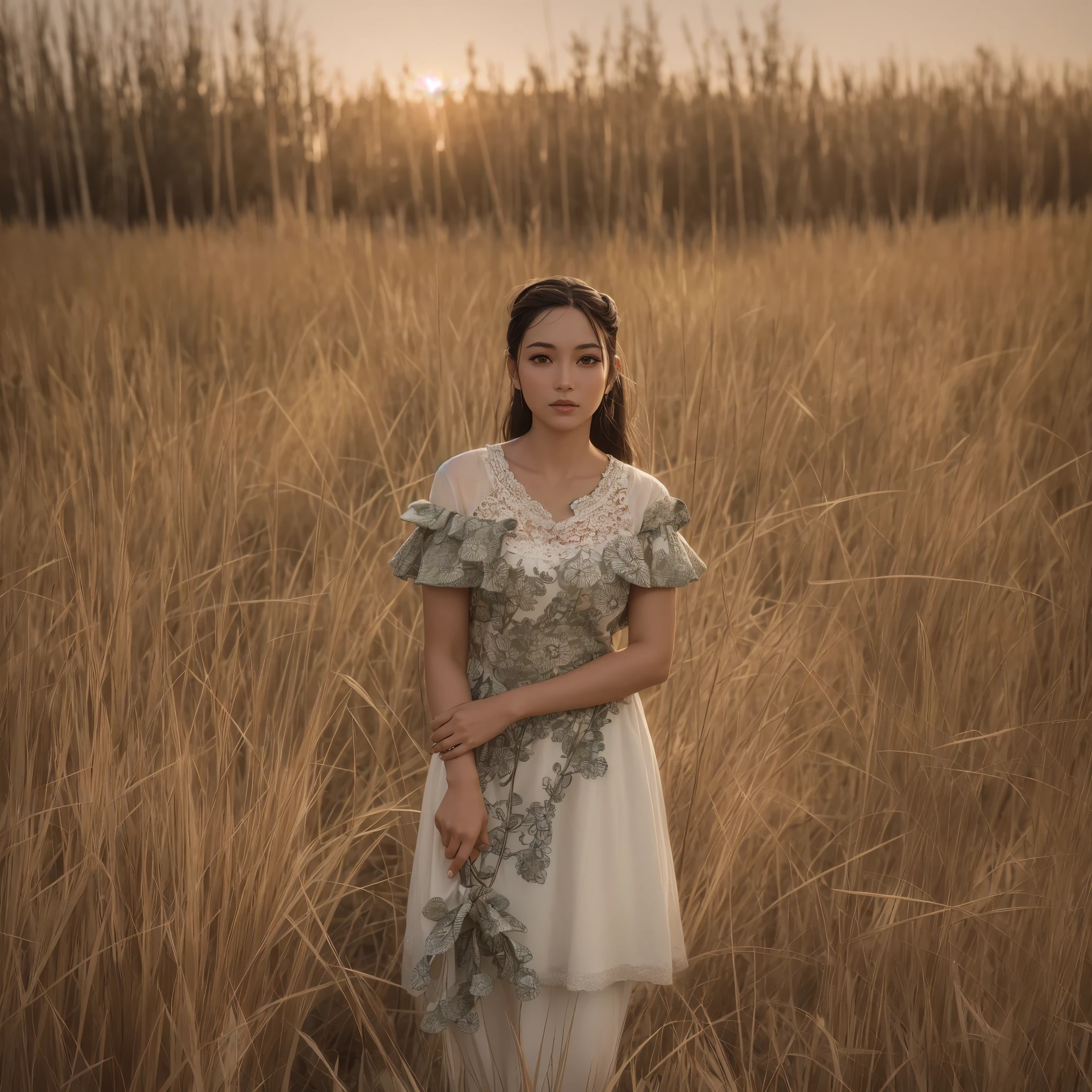 there is a woman standing in a field of tall grass, in a open green field, in a grassy field, in a field, in a grass field, in a large grassy green field, girl frontal in a flower field, indian girl with brown skin, girl standing in flower field, beautiful lady, girl standing in a flower field, in a field with flowers