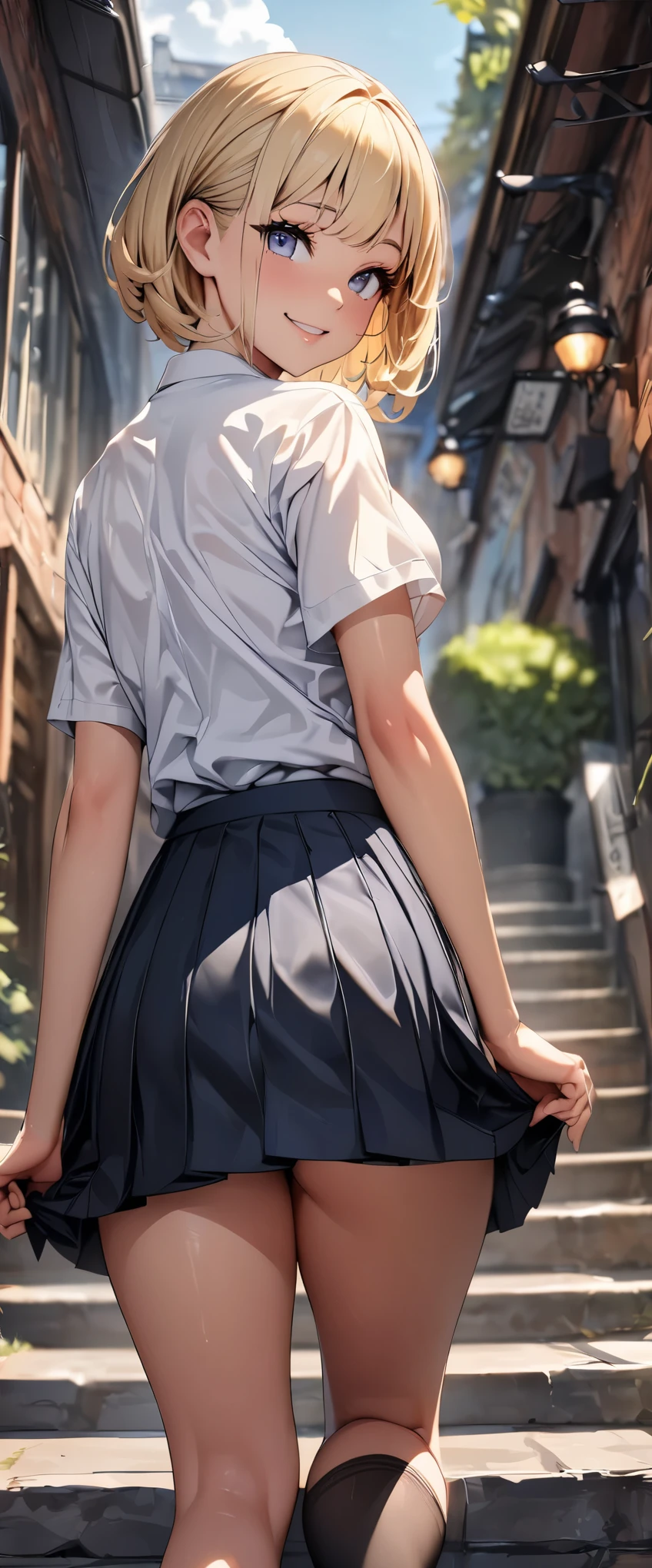 (highest quality, 4k, 8K, High resolution, masterpiece:1.2), Super detailed, Cafe, residential street, long stairs, woman climbing, low angle shot:1.2, (1 person, JK, , blazer, white shirt, blue tie, pleated skirt, mini skirt, black socks), look back, (smile), glossy lips, turn around, view audience, (Details of a well-formed face, beautiful eyes), ((perfect fingers, five fingers)), hold the skirt with one's hands, blonde, very short hair, cute, genuine, young beauty, Correct perspective, background blur taste,