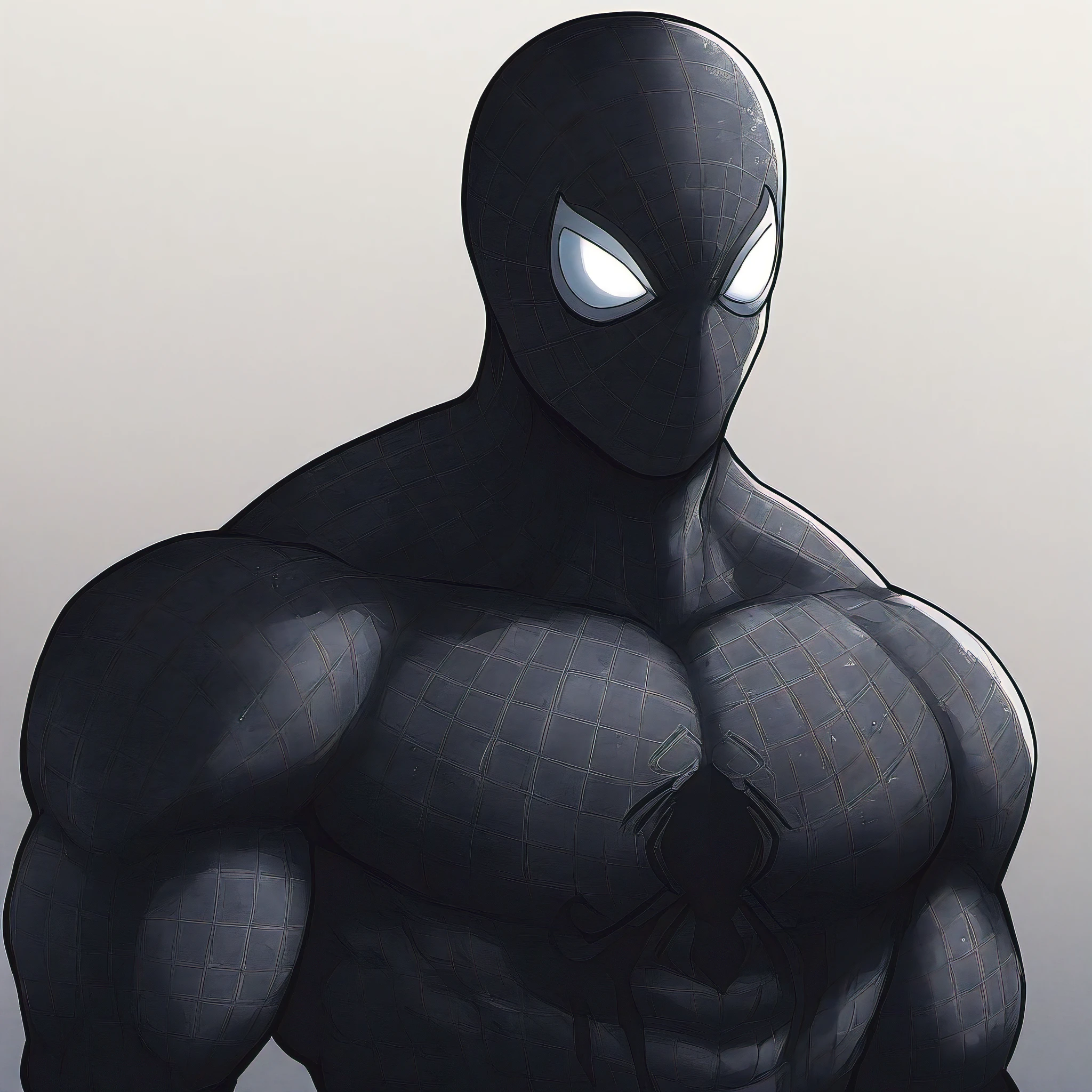 anime characters：Black Spider-Man, Muscular Spider-Man, male focus, No Spider-Man Logo, Upper body, Buzz Cut, eyes are sad shape, He wears a black tights, small grid texture, spiderman mask, Spider-Man logo, muscular male, Extra large breasts, only, alone, White background, simple background, amazing quality, best aesthetics, Ridiculous, crew cut, drop shadow, best quality