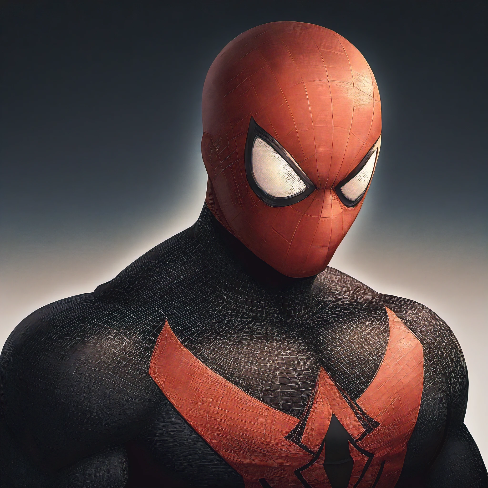 anime characters：Black Spider-Man, Muscular Spider-Man, male focus, No Spider-Man Logo, Upper body, Buzz Cut, eyes are sad shape, He wears a black tights, small grid texture, spiderman mask, Spider-Man logo, muscular male, Extra large breasts, only, alone, White background, simple background, amazing quality, best aesthetics, Ridiculous, crew cut, drop shadow, best quality