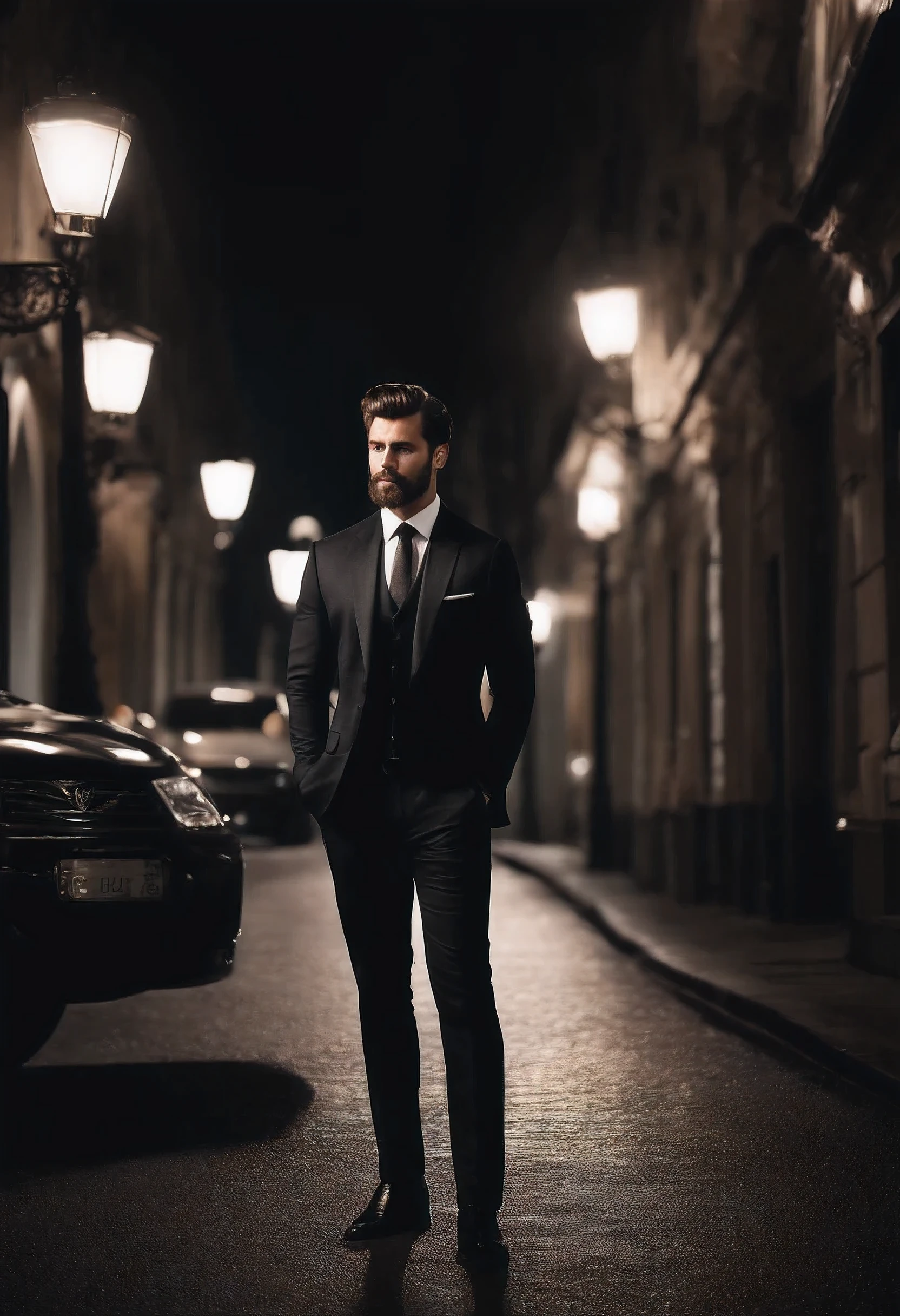 Making a handsome man in his 30s in a black suit and tie, vd, brown hair, (Man in black suit and tie), ), (Using a beard,) Attractive and serious look, short dark hair, Stylish and elegant, Suit-fitting shave and strong body, (High-quality, realistic images), Dark black and light on image background, location standing in the street at night 80s Film Style, ((top-quality, 8K, masterpiece), Ultra-detailed photography, (beautiful faces detailed, detail skin texture, hyperdetailed body:1.1)