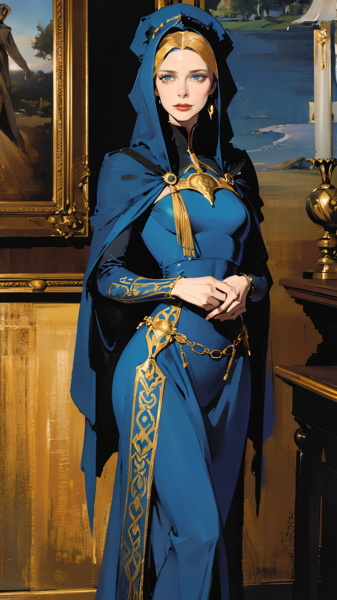Digital illustration, Lady Margot Fenring, Bene Gesserit, from the novel Dune by Frank Herbert, depicted in a mysterious yet seductive stance, Art Styles: High Fantasy meets Science Fiction, Art Inspirations: ArtStation, by oprisco, Camera: 35mm, Shot: close-up, Render Related Information: 4K resolution, highly detailed, HDR lighting, (bene gesserit grace:1.25), (intricate details:1.14), (fabric textures:1.2), (golden ratio:1.1)