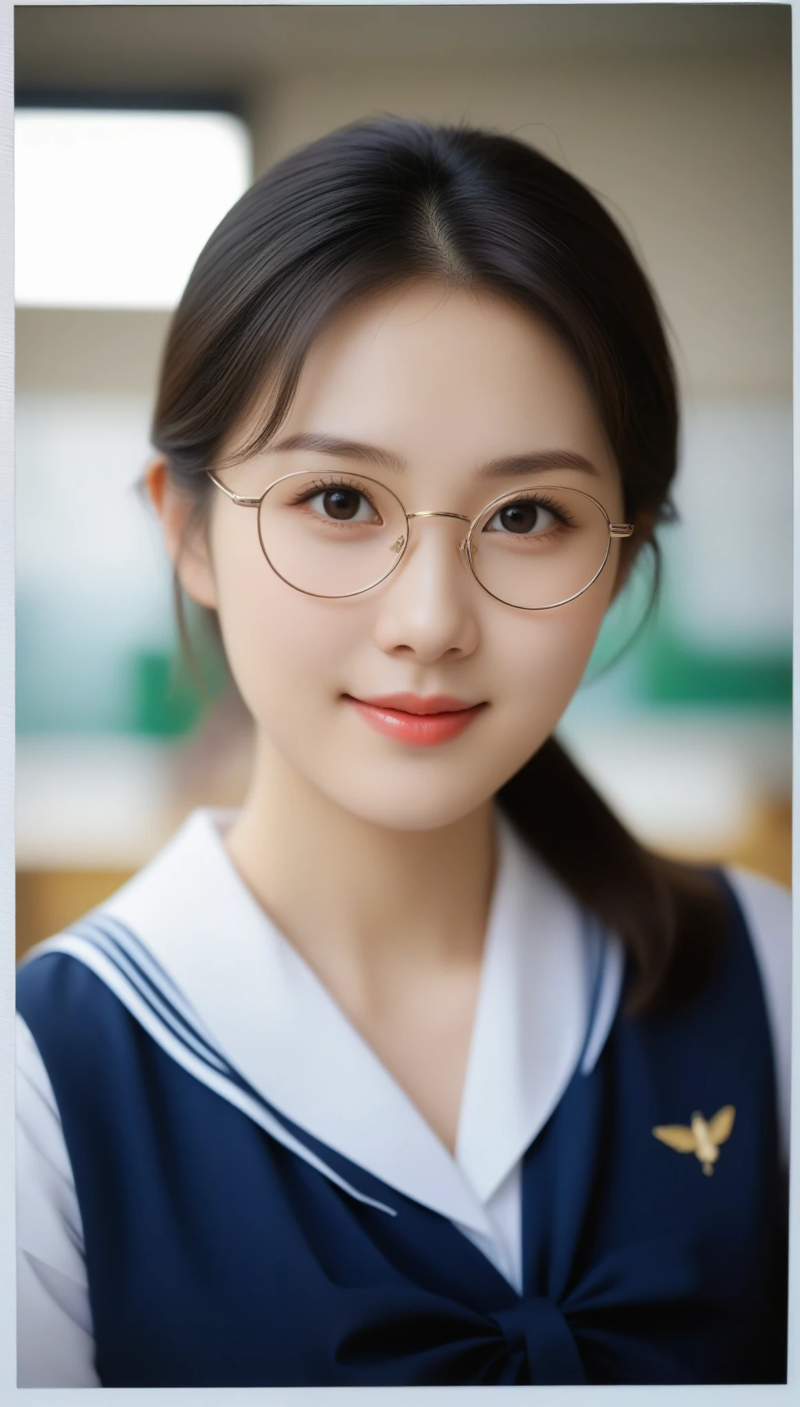 close-up to face of beautiful korean female, 34 inch breasts size, slightly smile, glasses, wearing japanese sailor school girl uniform, in classroom, bokeh background, Polaroid photo, UHD